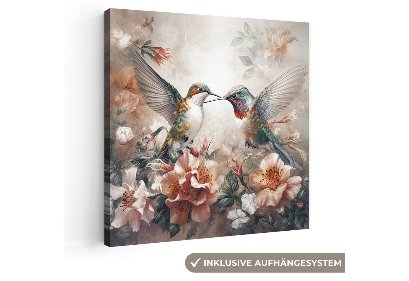 OneMillionCanvasses® Leinwandbild Kolibri - Vögel - Blumen - Natur, Fotodruck (1 St), Wandbild, Deko Schlafzimmer Wohnzimmer Flur 20x20 cm