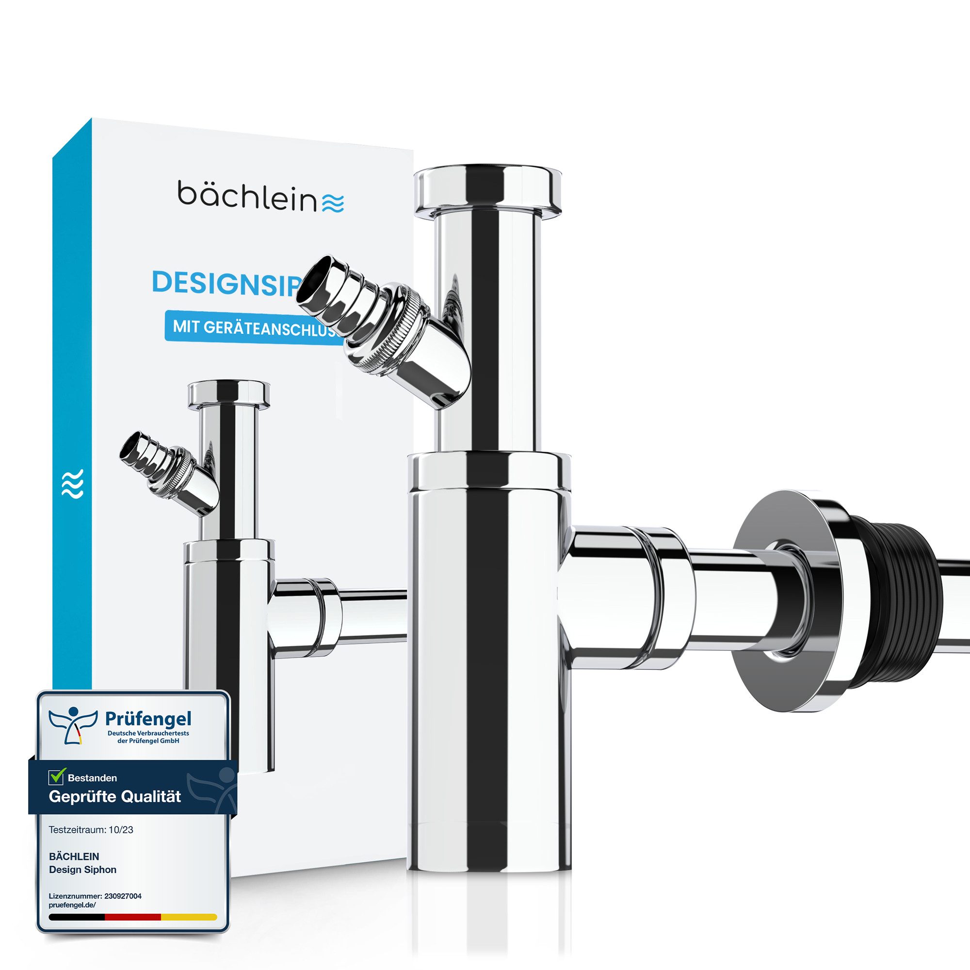 Bächlein Siphon Eleganter Waschbeckenablauf, (Hochwertiger Waschbeckensiphon, Chromfarben), Innovative Reinigungsöffnung, Universell einsetzbar