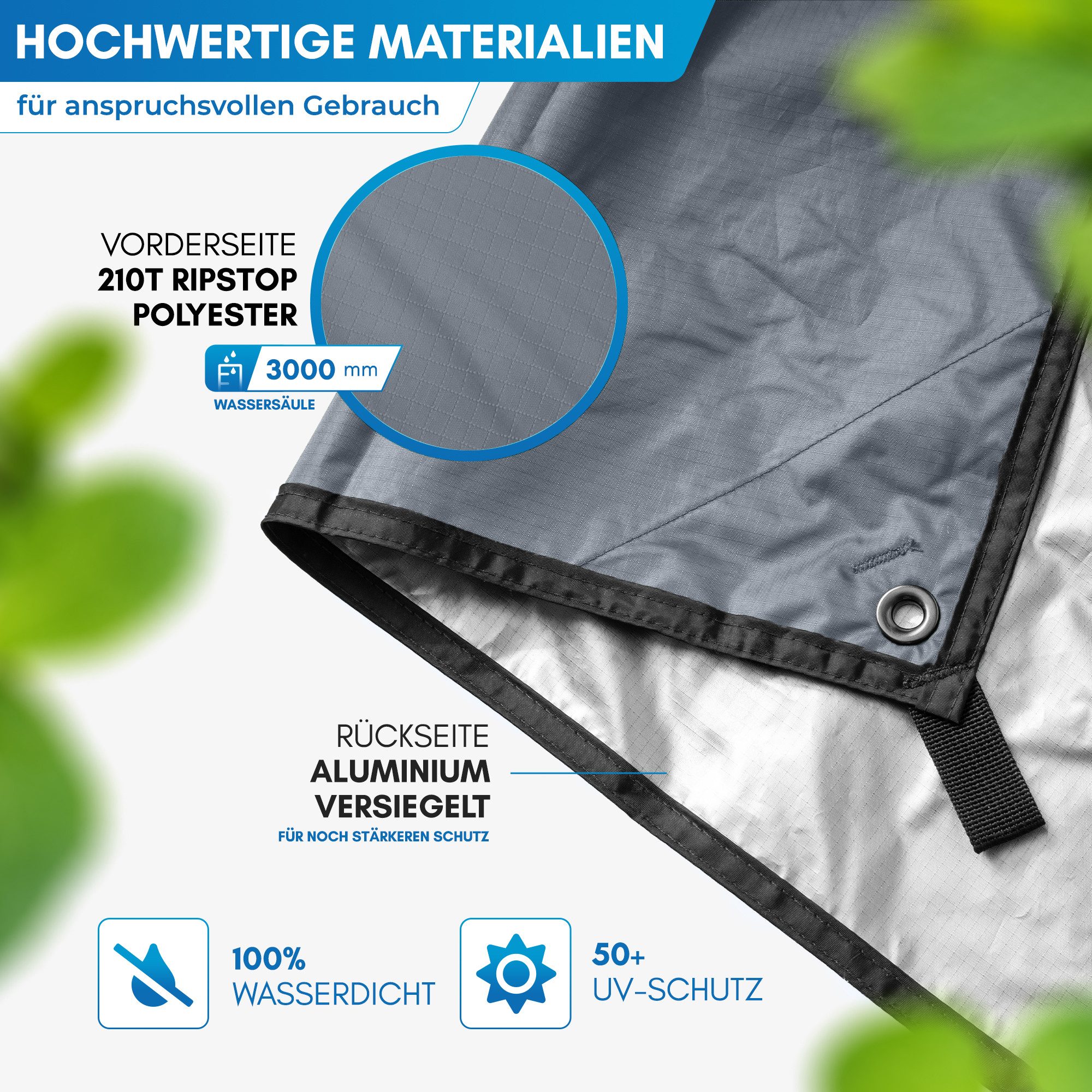 Nordmut Tarp-Zelt Zeltplane wasserdicht ultraleicht, Regendach Sonnensegel Camping, Personen: 2 (Set, 1 tlg., Tarp, 6 Alu-Heringe, 6 Abspannseile, Transporttasche), 210D Ripstop-Polyester, PU 3000, reißfest, Trekking, Bikepacking