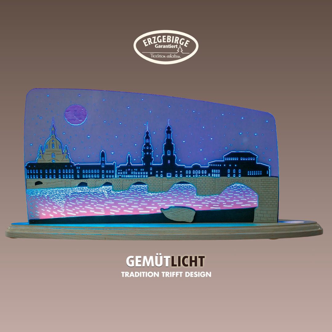 Weigla LED Dekolicht Dresden bei Nacht, Holz & Acrylglas, BLAU-GRAU, Made in Germany, LED wechselbar, Neutralweiß, Erzgebirge garantiert, Dekolampe für Innen, Dekoleuchte