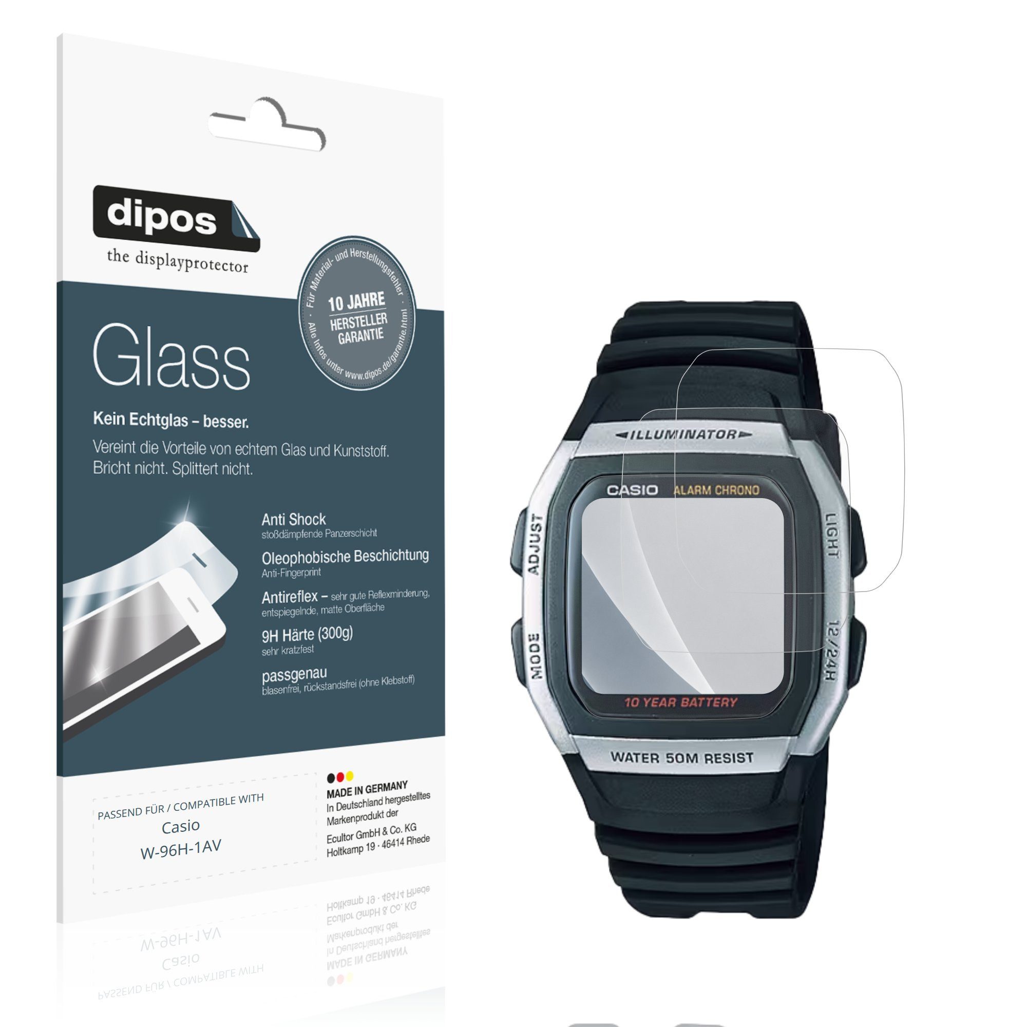 dipos Displayschutzfolie Schutzfolie für Casio W-96H-1AV, 2 Stück, Displayschutz Schutz Folie Made in Germany