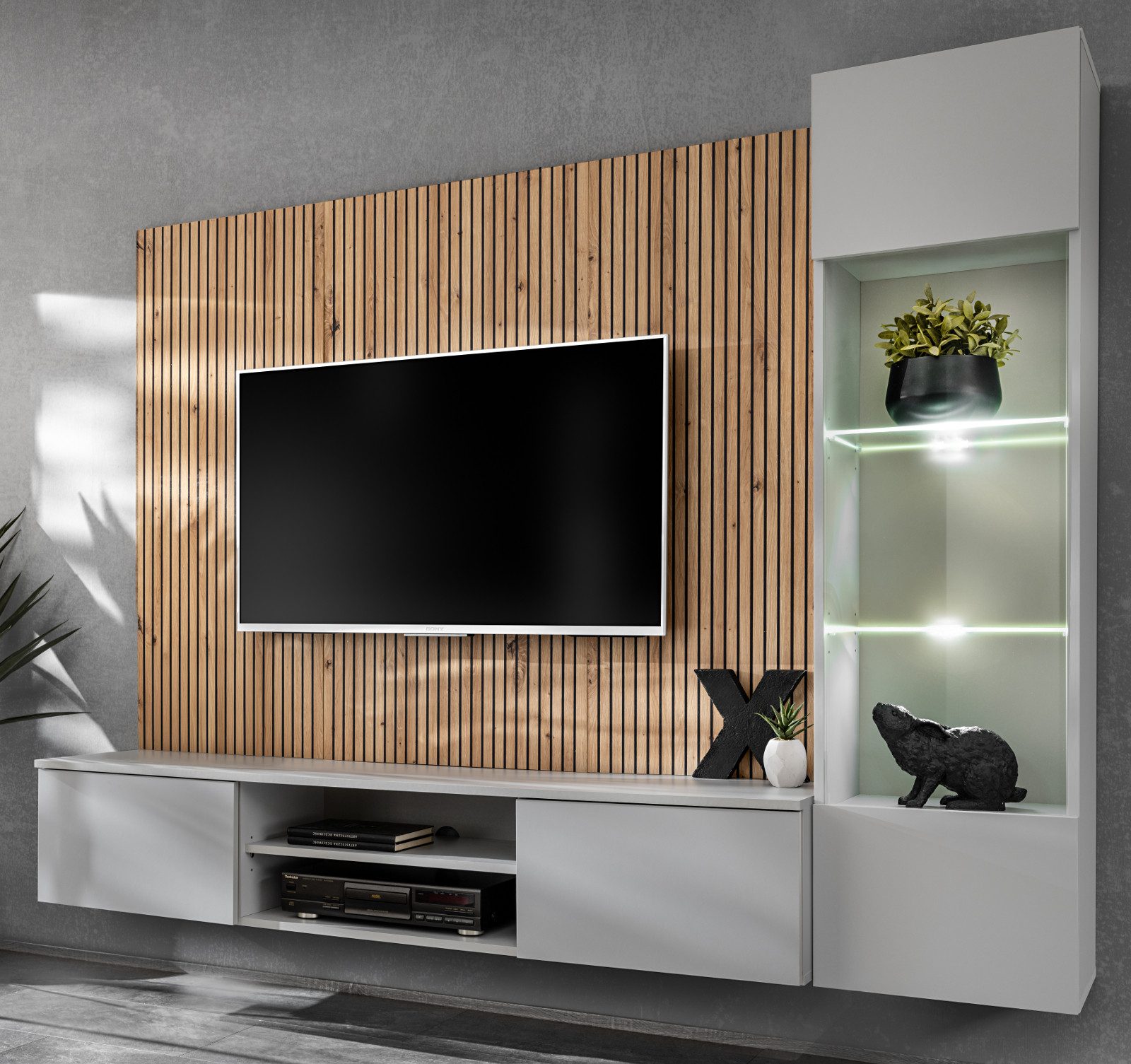 Inn.Furn Wohnwand iLike, (Fernsehschrank in hellem Grau mit Eiche Artisan, Breite 200), mit Push-To-Open, inklusive Beleuchtung