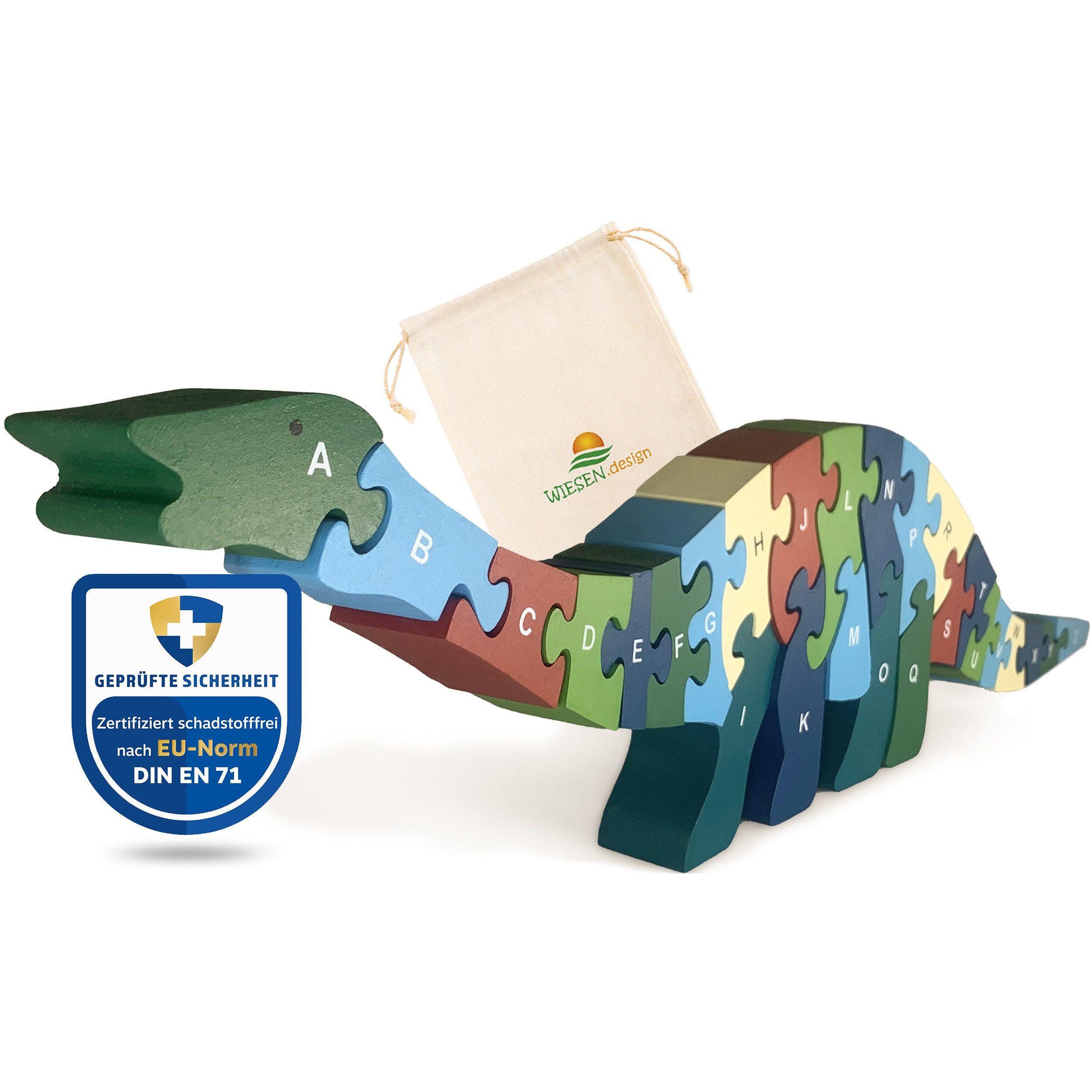 WIESEN.design Lernspielzeug Buchstabenpuzzle Dino, Montessori Spielzeug ab 3 Jahre, Holzpuzzle, DIN EN71 geprüft, Speichel- und schweißfest, gratis Versand