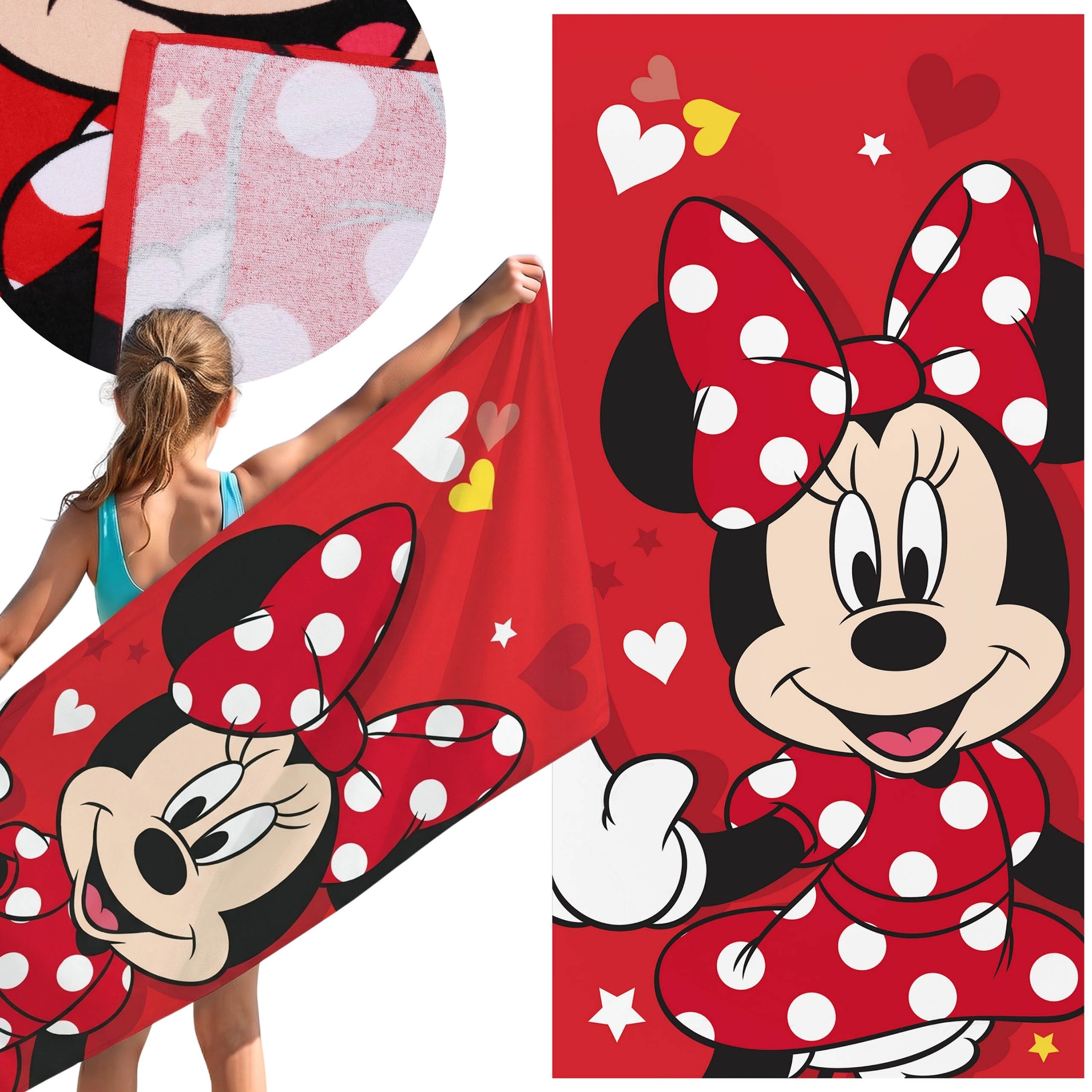 Sarcia.eu Badetücher Minnie Mouse, rotes Strand- und Badetuch aus Baumwolle, 70 x 140 cm