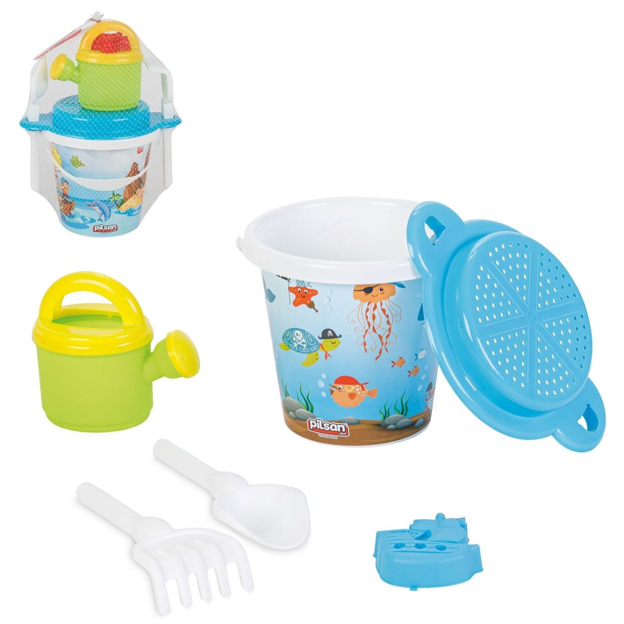 Pilsan Sandform-Set 6113, Gießkanne, Schaufel, Rechen, Förmchen, Sieb, Kunststoff, Sandeimer