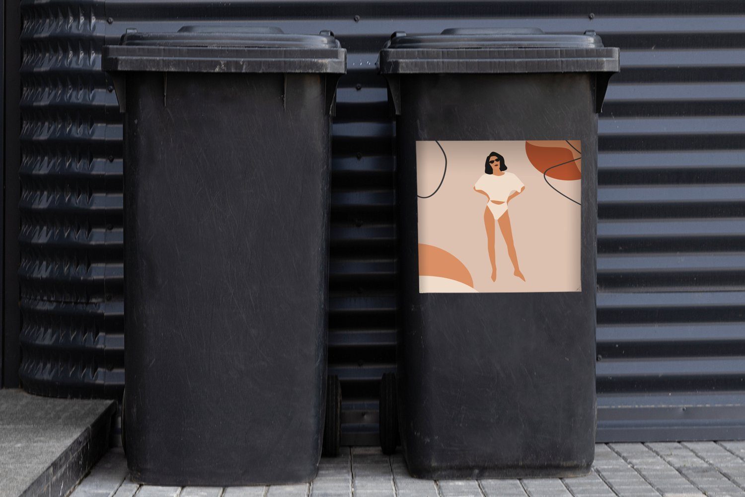 Sticker, Abstrakt Mülltonne, MuchoWow Abfalbehälter St), - (1 Container, Frau - Wandsticker Sommer Mülleimer-aufkleber,