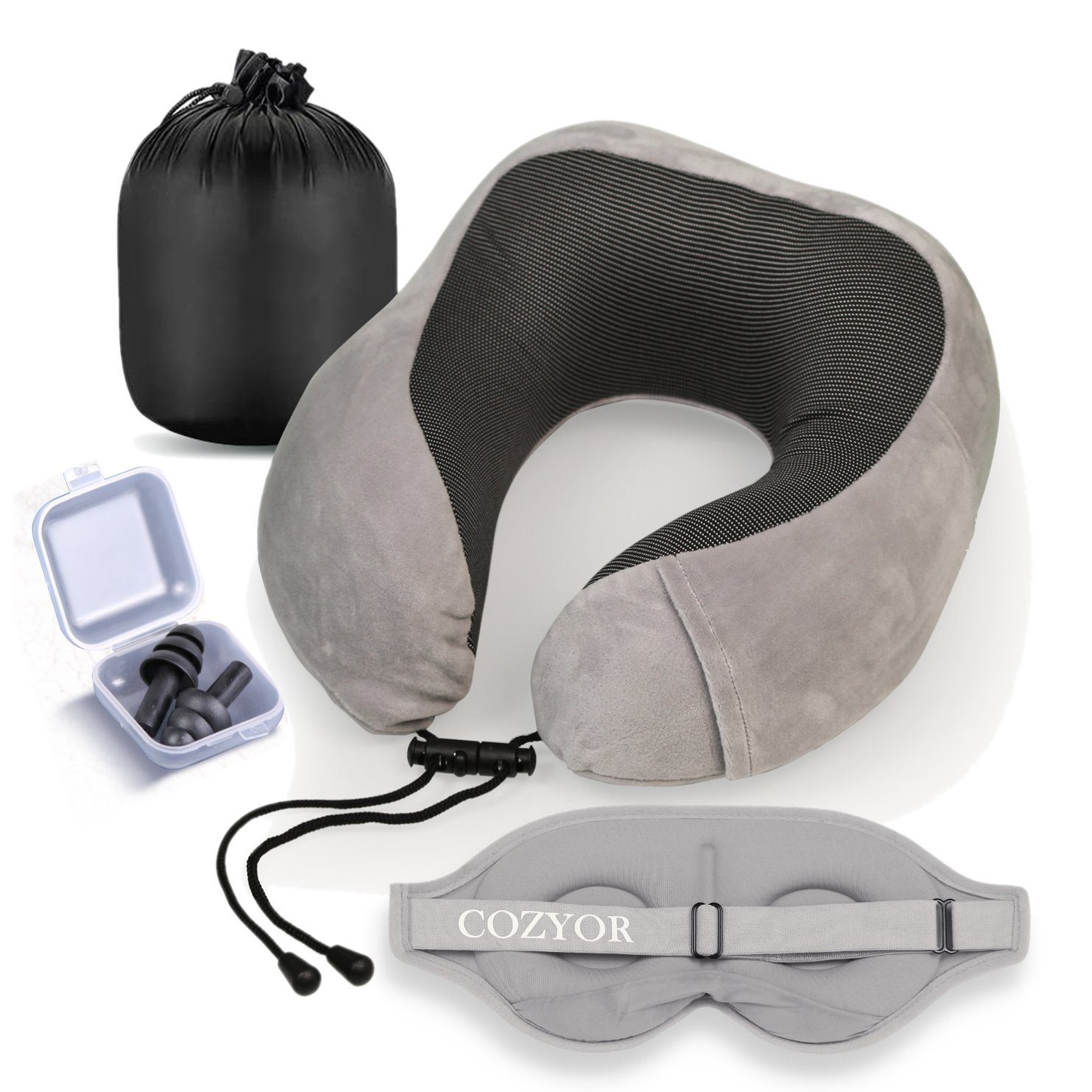 Cozyor Schlafmaske 100% Blackout-Effekt 3D Augenmaske mit ergonomischem Design, Reiseset klein & kompakt hellgrau Moonlight, Schlafmaske + Nackenkissen & Ohrstöpsel, extra Polsterung und variable Passform