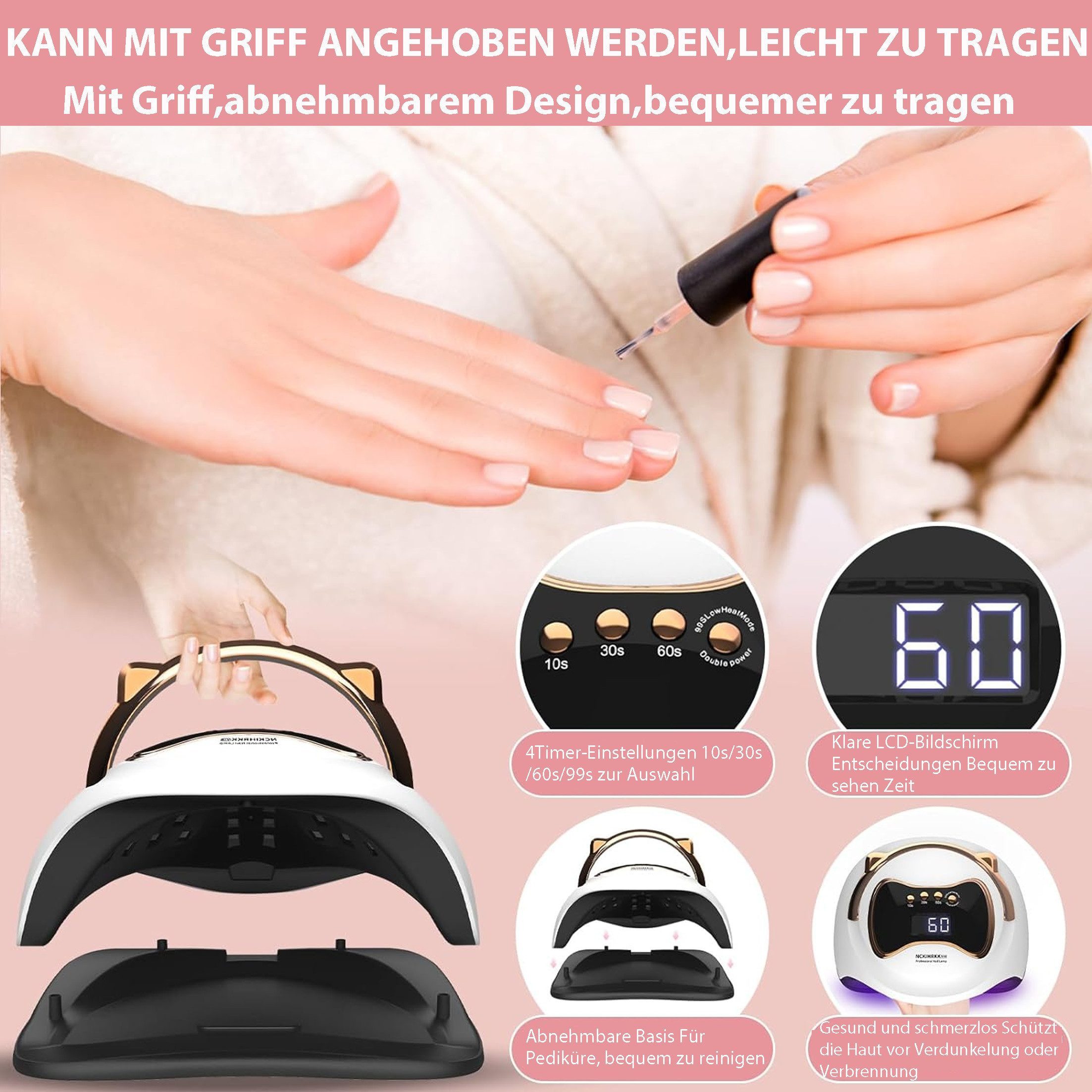feinlux Lichthärtungsgerät Lichthärtungsgerät Nagellampe,UV-Beleuchtung Nageltrockner, 120W,4-stufige Zeitsteuerung, Intelligenter Sensor,LCD-Display,Tragegriff,36 Lampenperlen