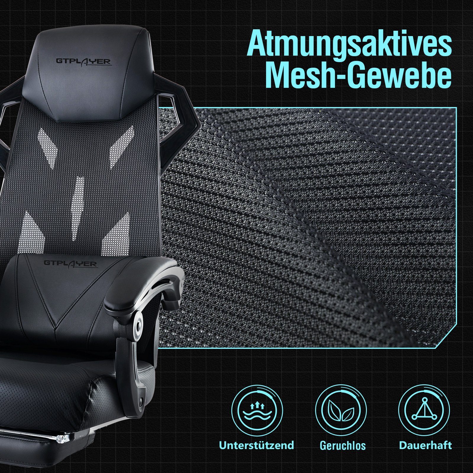 GTPLAYER Bürostuhl Ergonomischer Schreibtischstuhl Gamingstuhl Drehstuhl, mit Verbindungsarmlehnen, Verstellbarer Lordosenstütze und Kopfstütze