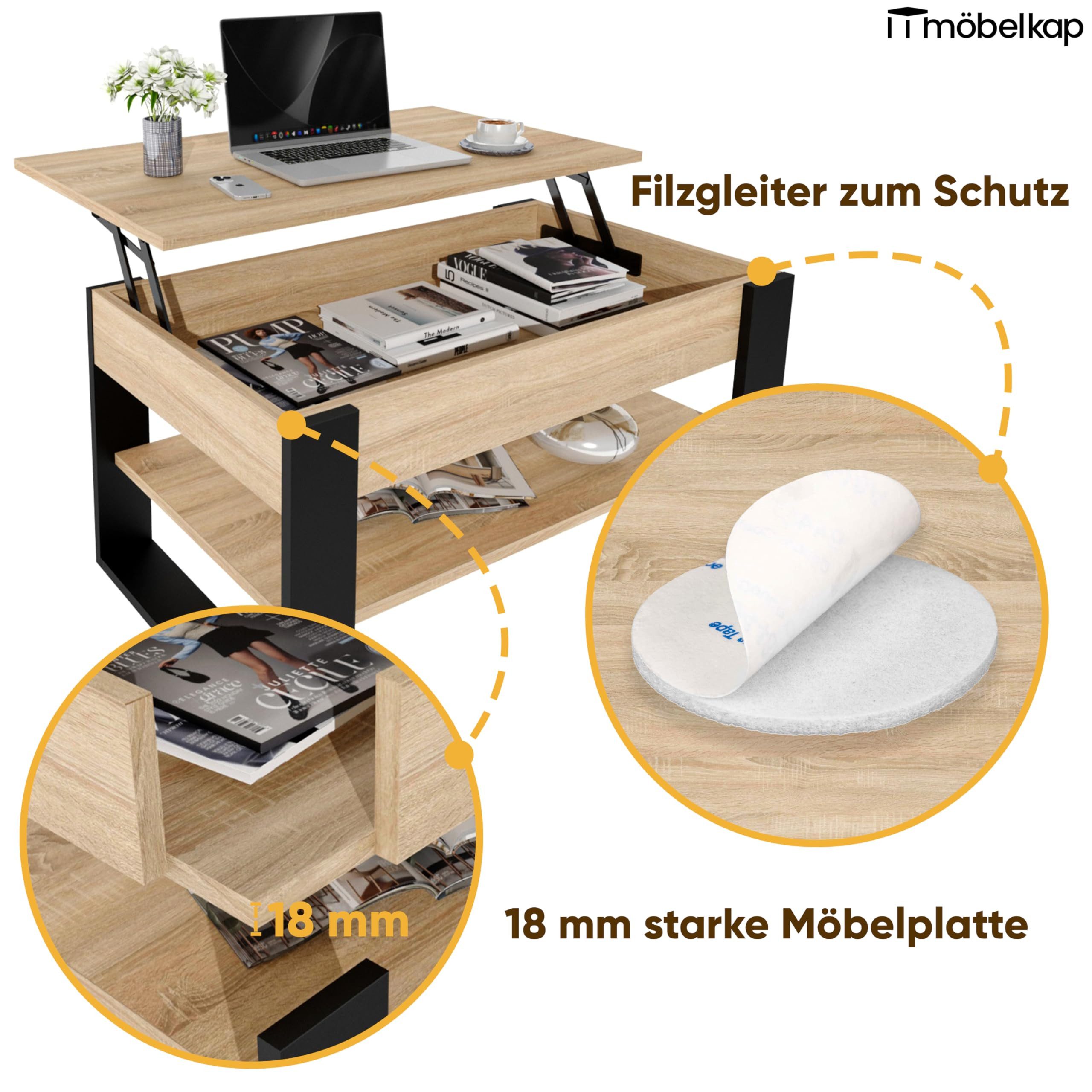 TREND WERK Couchtisch Lift-Couchtisch höhenverstellbar Sofatisch 92×54 cm mit Stauraum, verstecktem Fach Wohnzimmertisch Holz modern – Bild 4 von 5