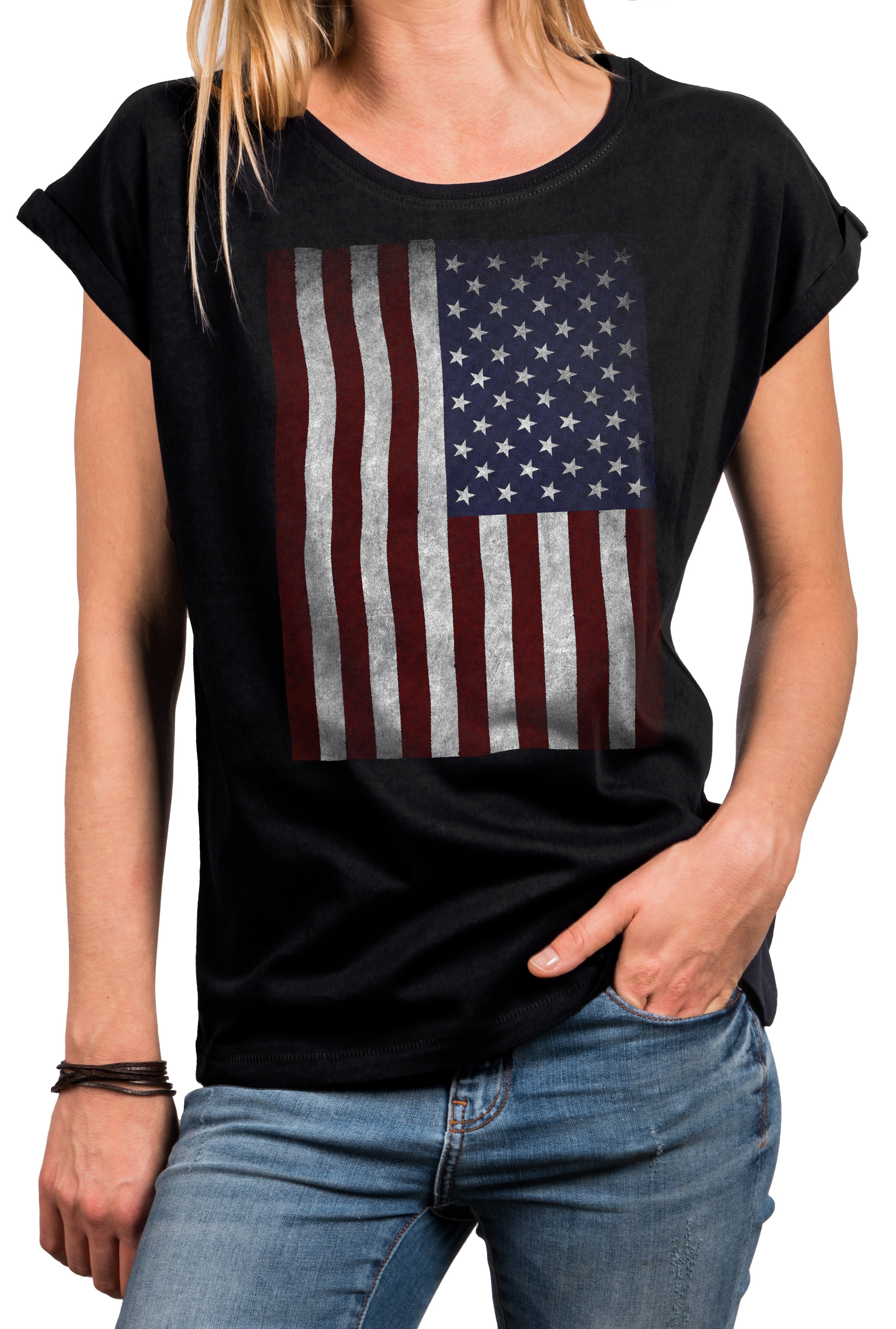Damen große (Kurzarm, Amerika schwarz, Oberteile USA Tunika Baumwolle, Top Größen Print-Shirt MAKAYA Fahne grau, blau) Flagge Vintage Sommer