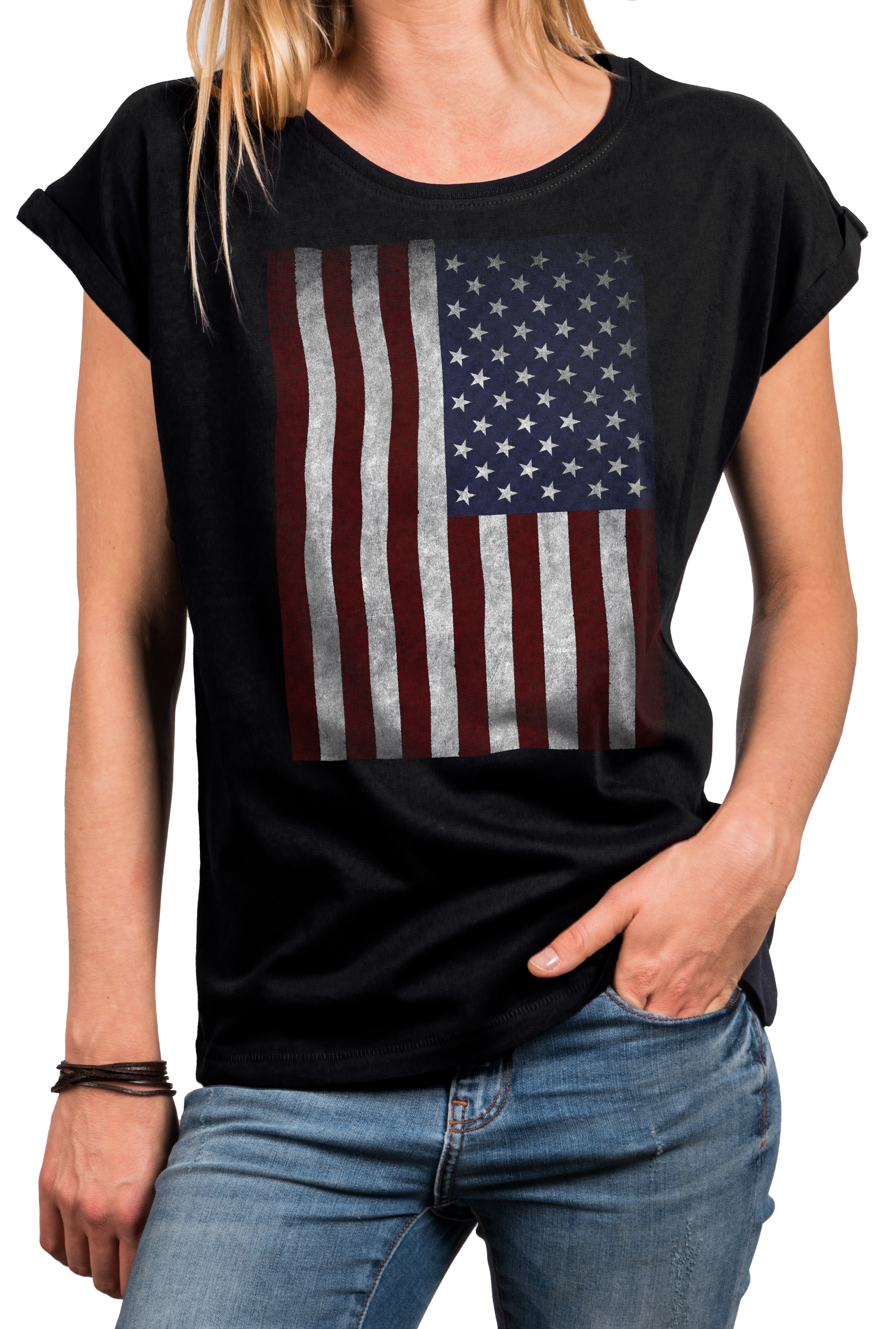 MAKAYA Print-Shirt Damen USA Flagge Vintage Amerika Fahne Tunika Top Sommer Oberteile (Kurzarm, schwarz, grau, blau) große Größen