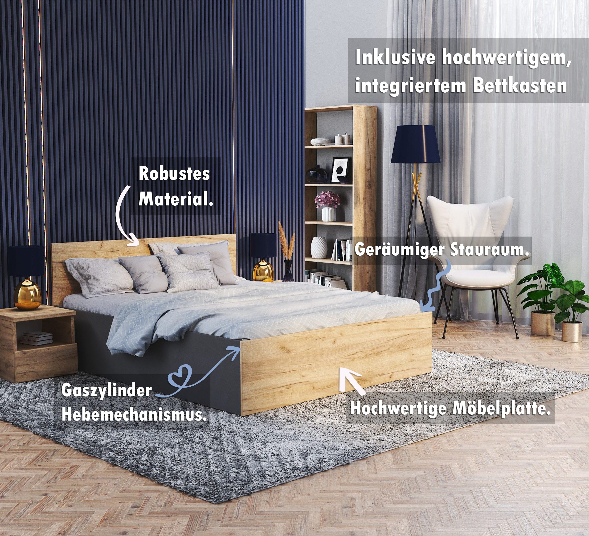 thematys Stauraumbett mit Bettkasten & Lattenrost – Polsterbett 120x200–180x200 – (Optional mit 28 cm H3/H4 Taschenfederkern oder 23 cm Taschenfederkern-Matratze H2, hydraulisches Stauraumbett)
