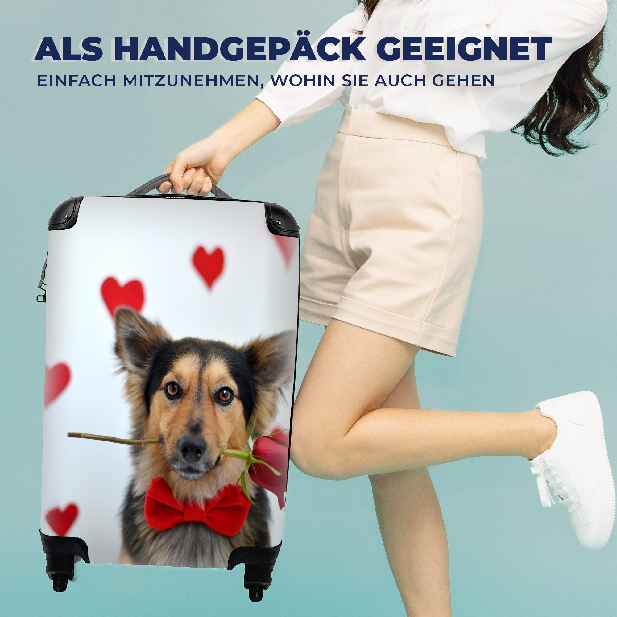 MuchoWow Handgepäckkoffer für Rot, - 4 Reisetasche Ferien, Reisekoffer Trolley, - Rosen Handgepäck Rollen, Hund mit rollen