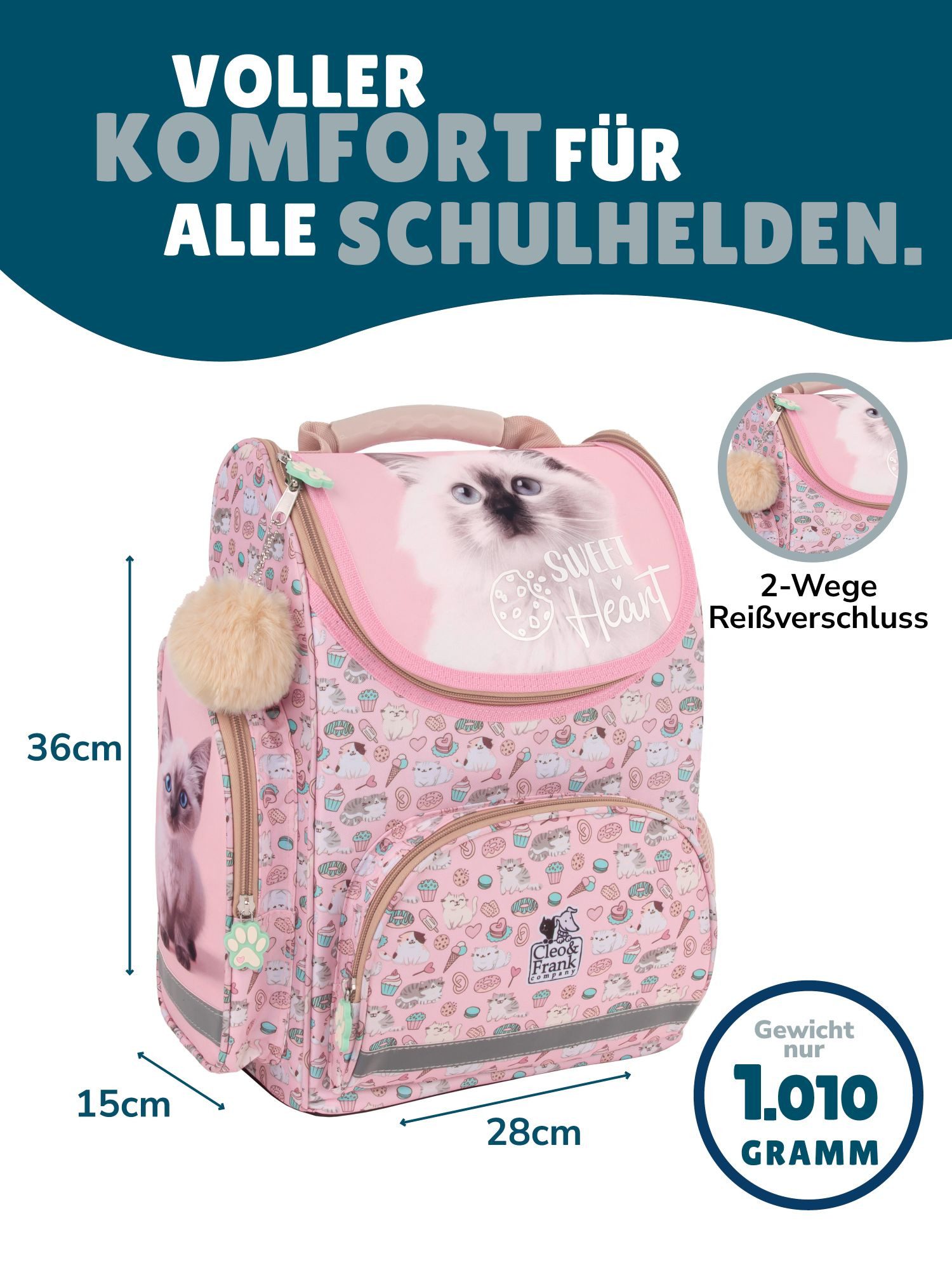 Familando Schulranzen Sweet Kitty Katze Schultasche, rosa, für Mädchen 1. bis 4. Klasse (Set, 8-tlg., inkl. Federmappe, Lunch-Set und Sporttasche), ergonomisch, – Bild 2 von 5