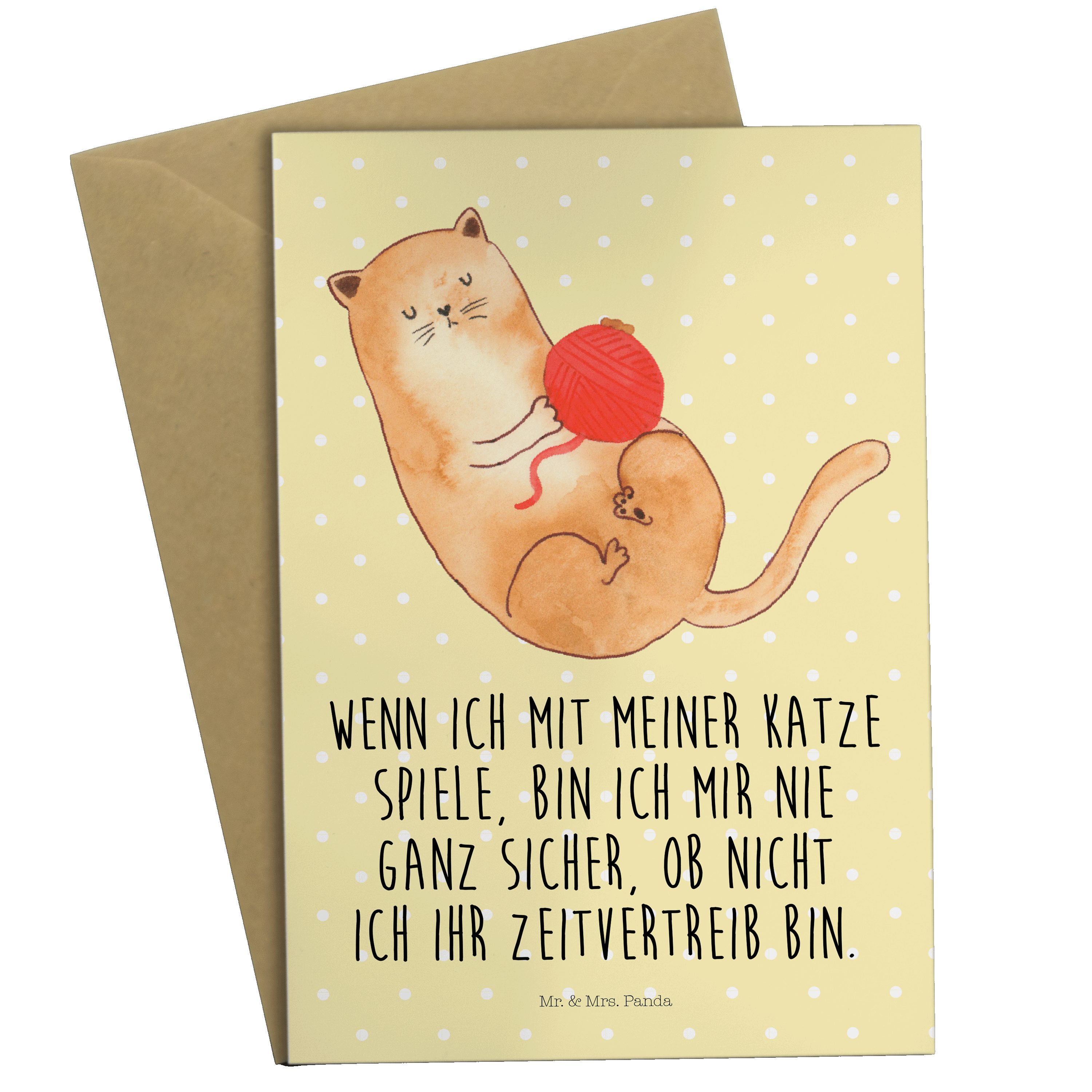 Mr. & Mrs. Panda Grußkarte Katzen Wollknäul - Gelb Pastell - Geschenk, Karte, Kater, Katzenmotiv