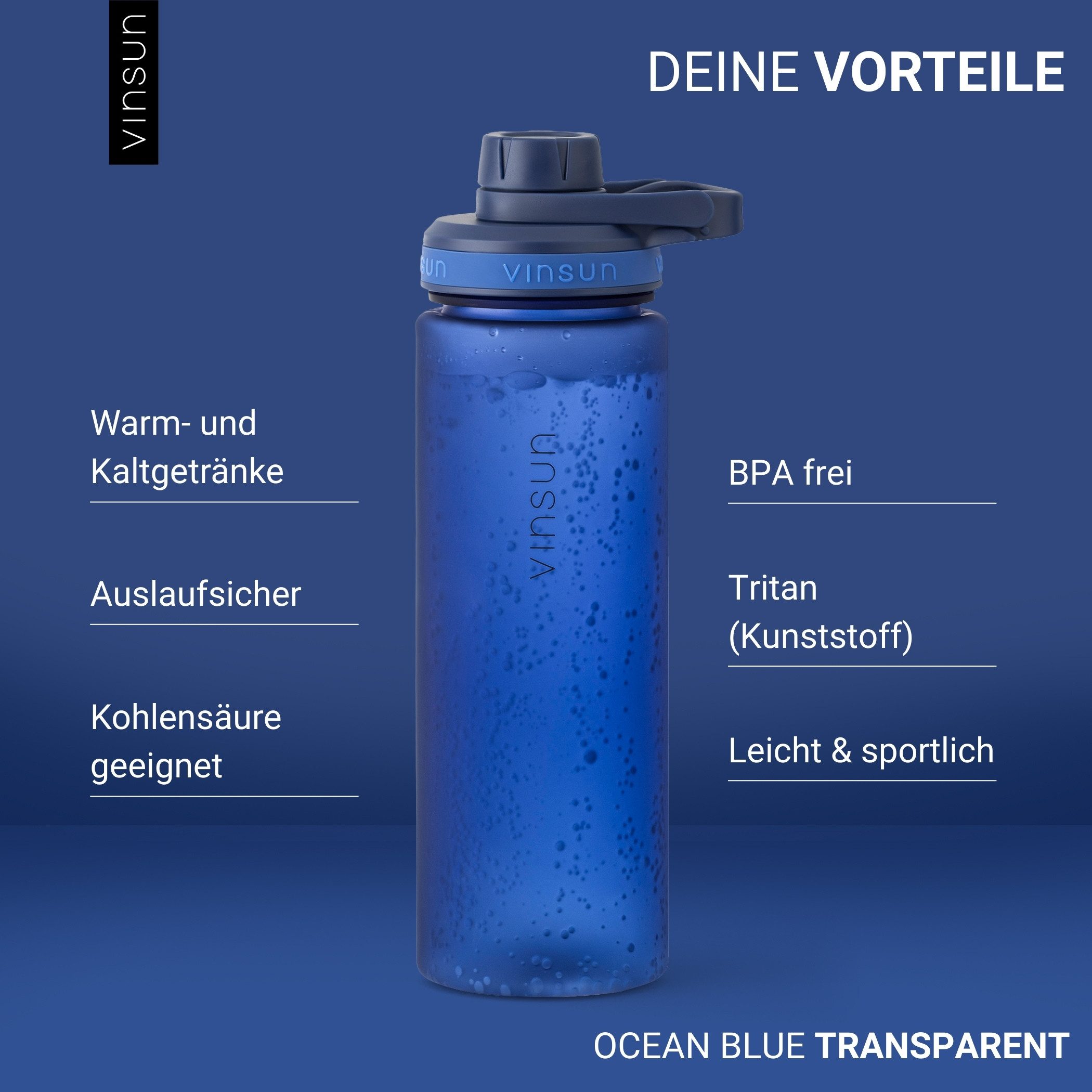 Vinsun Trinkflasche Sportflasche 750ml - Wasserflasche BPA frei & Kohlensäure geeignet, Auslaufsicher, bruchsicher, wiederverwendbar, leicht, Tritan Flasche