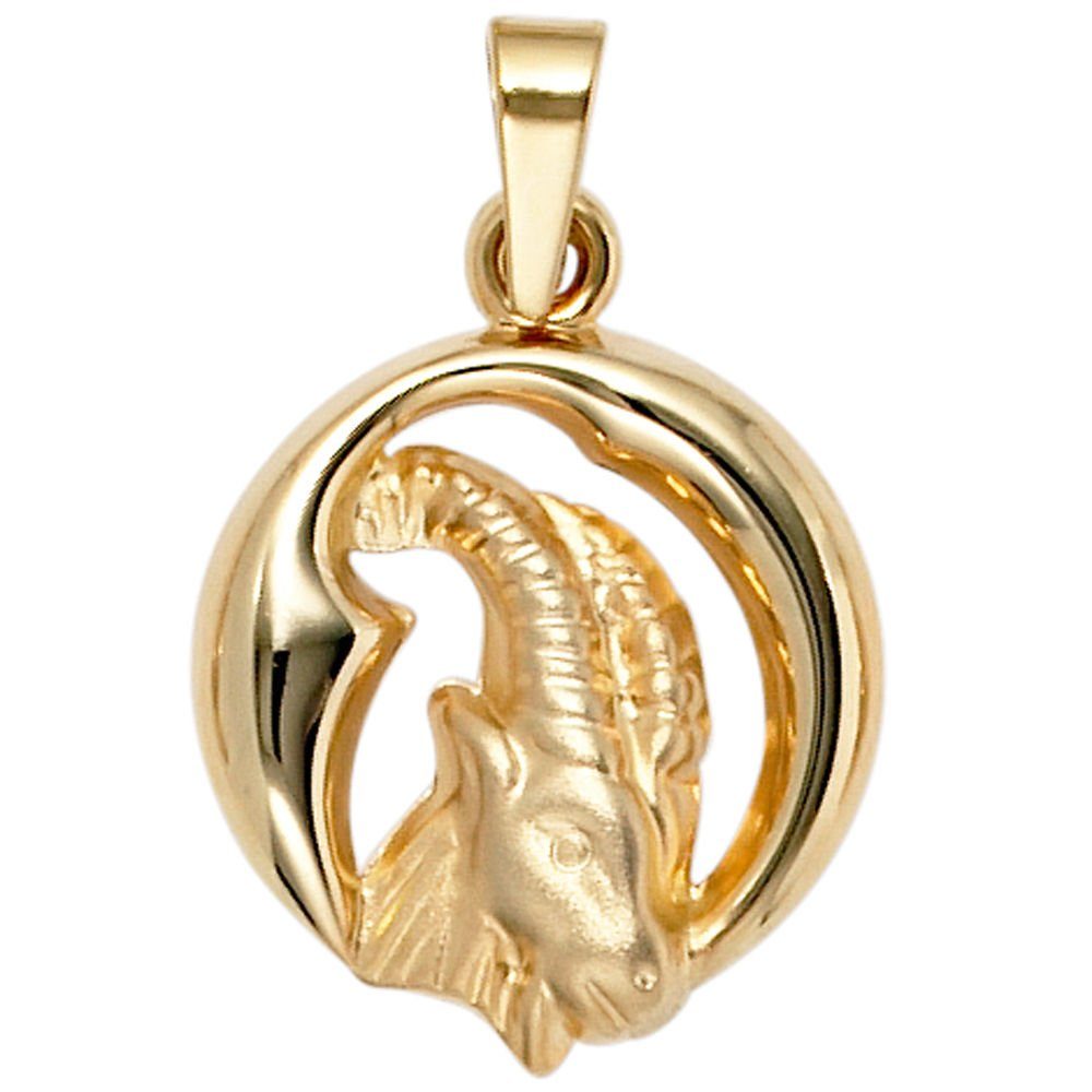 Horoskop, Schmuck Gold Kettenanhänger teilmattiert Sternzeichen Anhänger Steinbock Gold Krone 375 Gelbgold 375