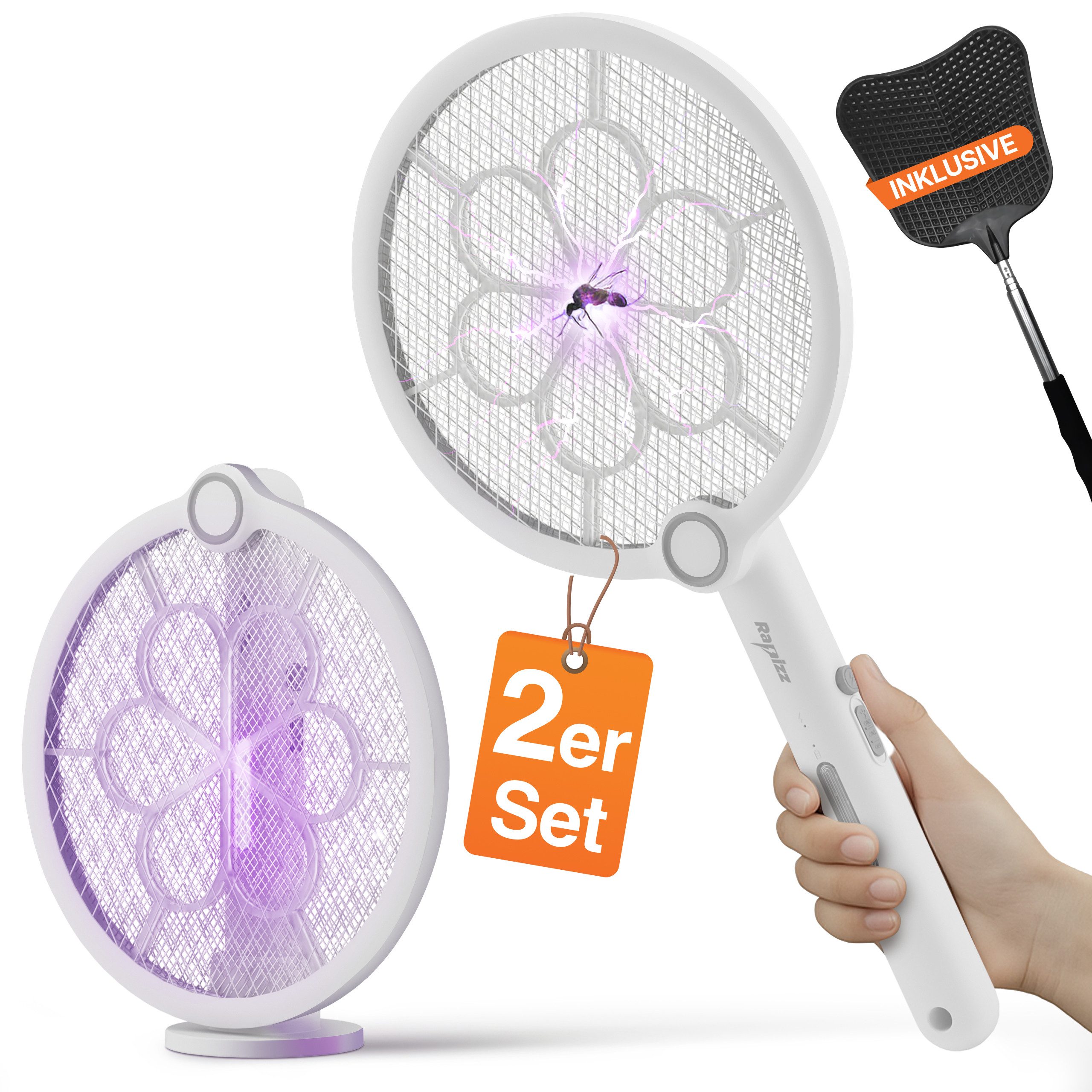 RAPIZZ Fliegenklatsche 2er Set - Elektrischer Insektenfänger - 2in1 Funktion - Mit Akku, Gratis Fliegenklatsche - Inkl. USB-Ladekabel - Als Schläger & UV-Falle