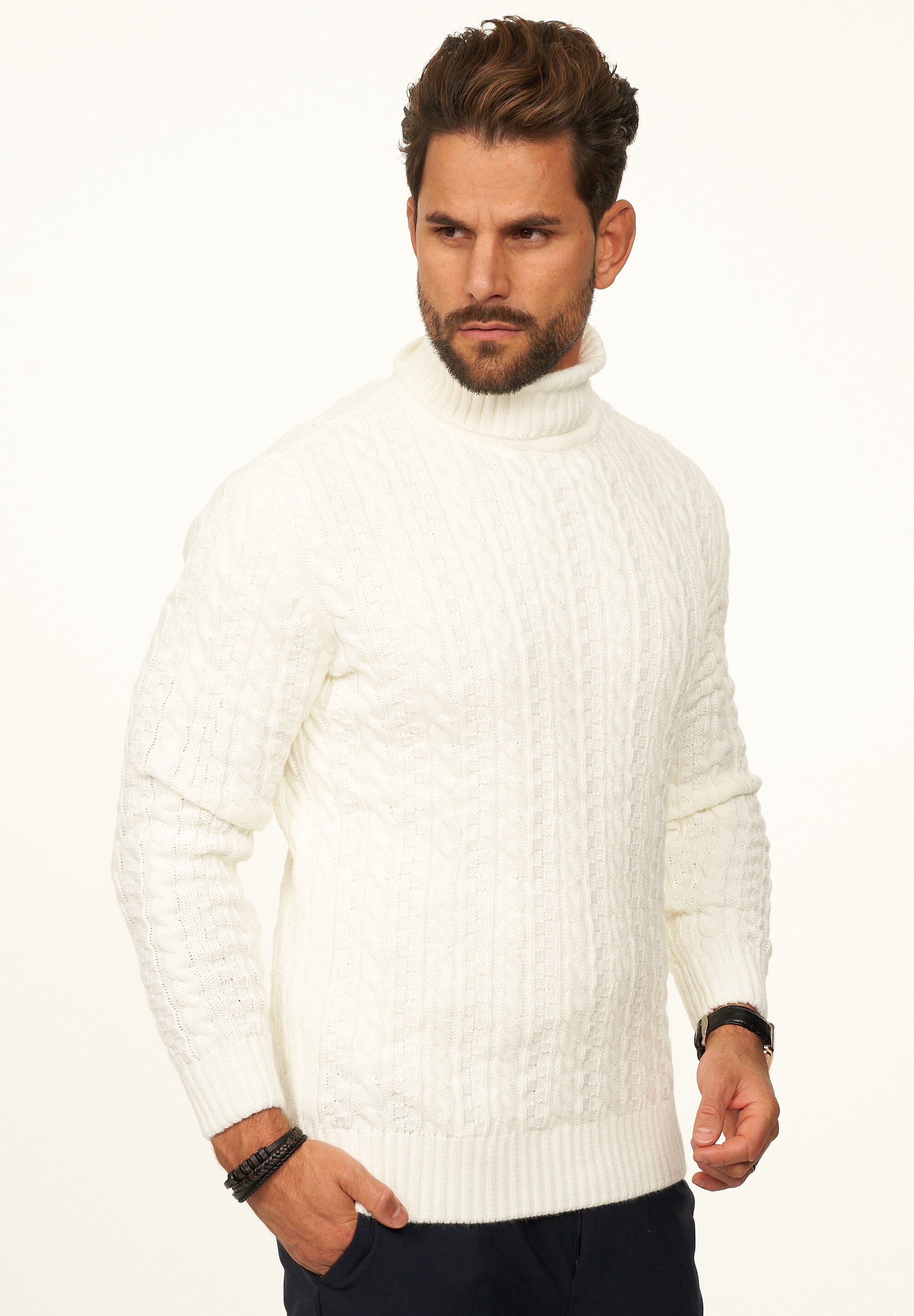 DAILY COTTON Rollkragenpullover als Grobstrick Pulli mit Zopfmuster für Herren Strickpullover für Männer - Winterpullover im Regular-Fit