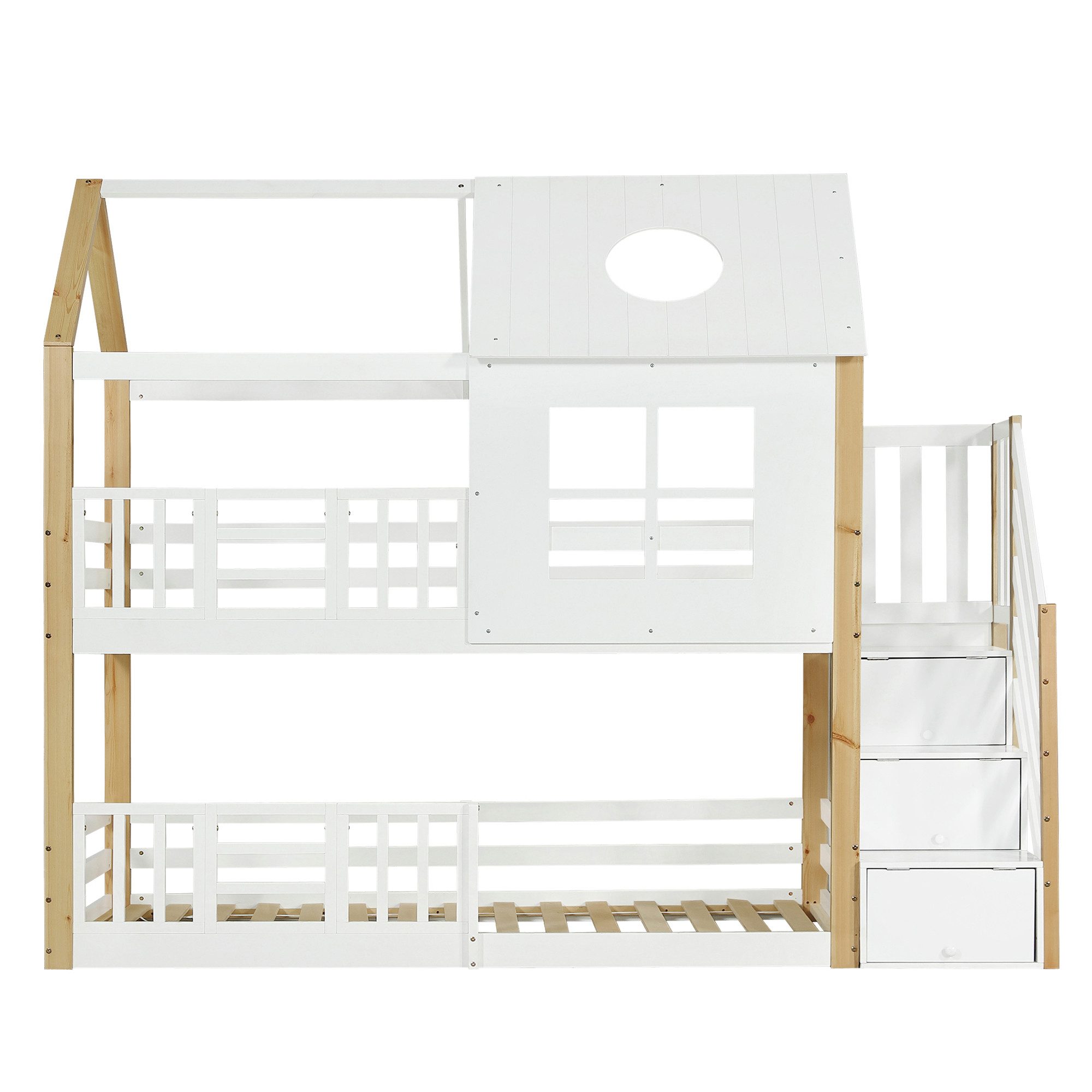 Flieks bunk bed, solid wood house bed, children's bed 90x200cm with storage stairs