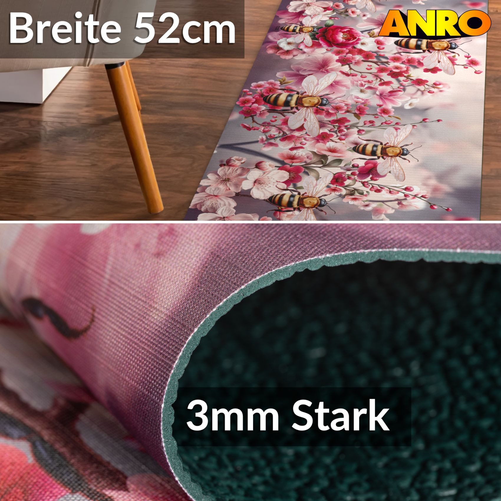 ANRO Küchenläufer GreenLine Teppichläufer Textil, Rechteckig, Höhe: 3 mm, Bodenläufer 100cm Sakura Rosa pflegeleicht