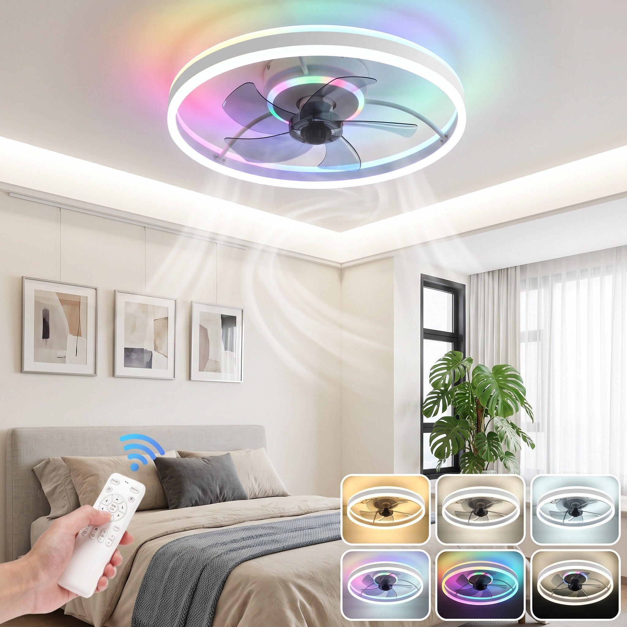oyajia Deckenventilator RGB Deckenventilator mit Licht und Fernbedienung, 6 Geschwindigkeiten, 82W Leise Deckenlampe mit Ventilator, Dimmbare Timer Lichtspeicher