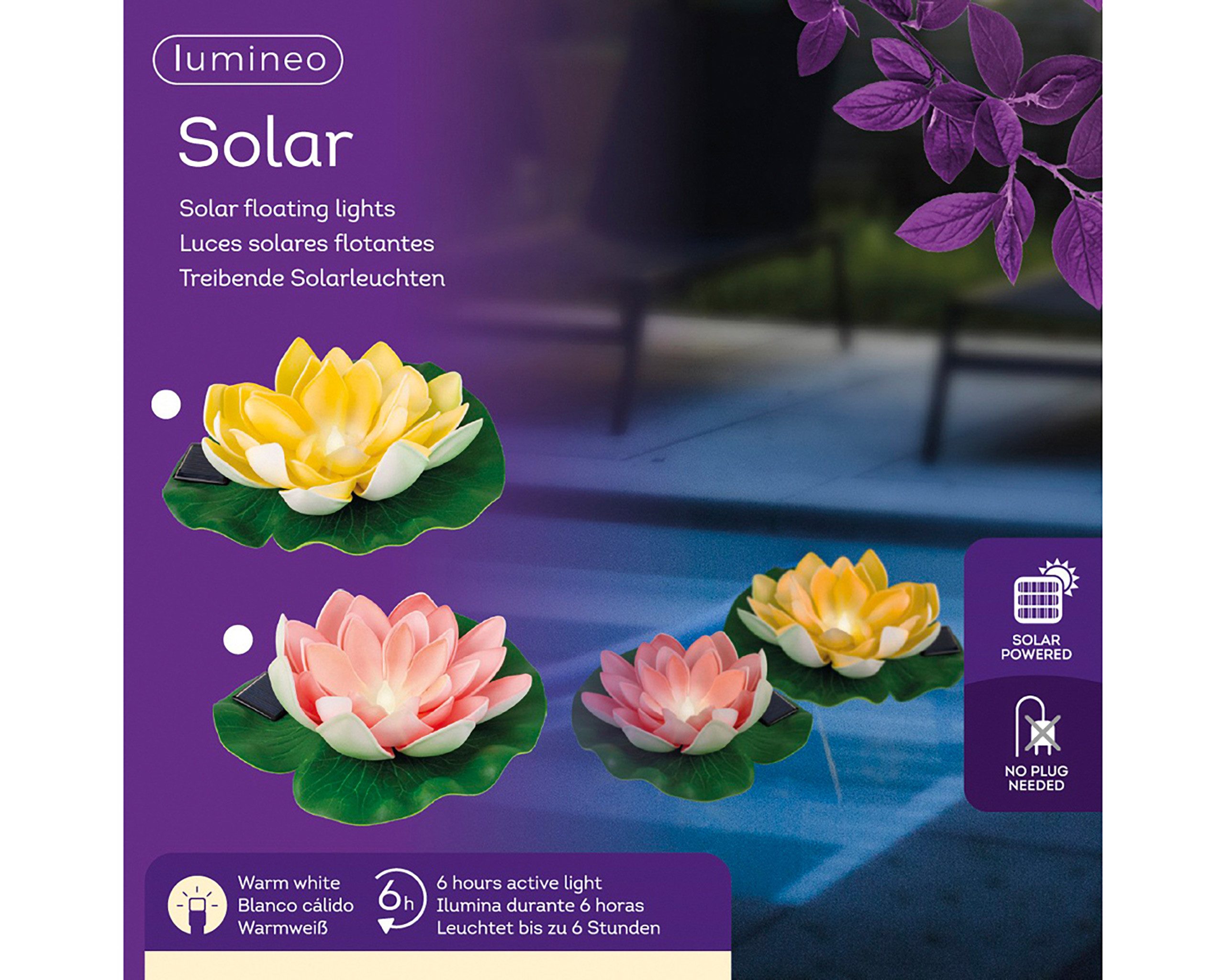 Lumineo LED Solarleuchte, Dauerlicht, warmweiß, Solar Licht LED Seerose 17x6cm Kunststoff Warmweiß 1 Stück sortiert