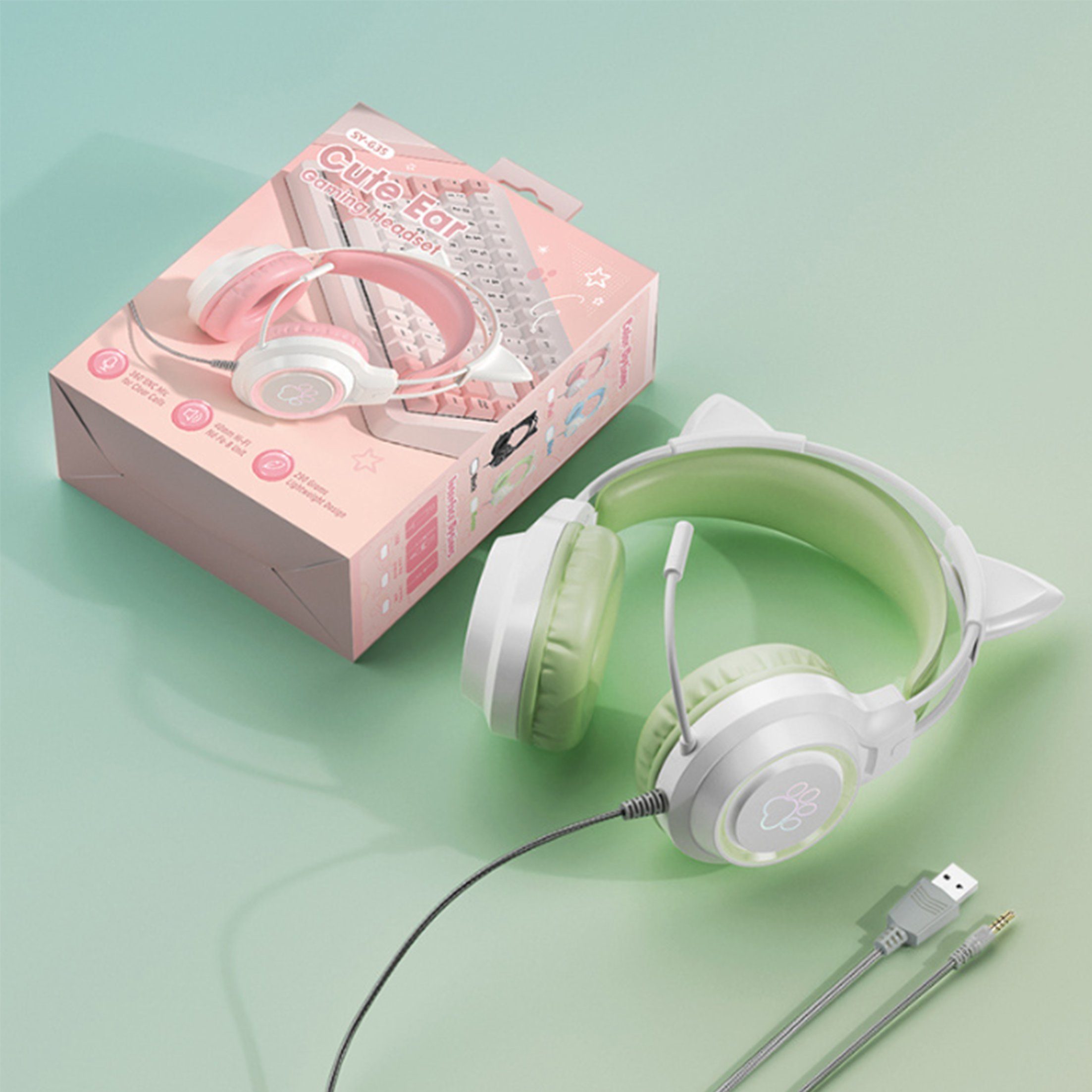 KINSI Headset,Gaming-Headset mit Grün Katzenohren,Geräuschunterdrückung Over-Ear-Kopfhörer