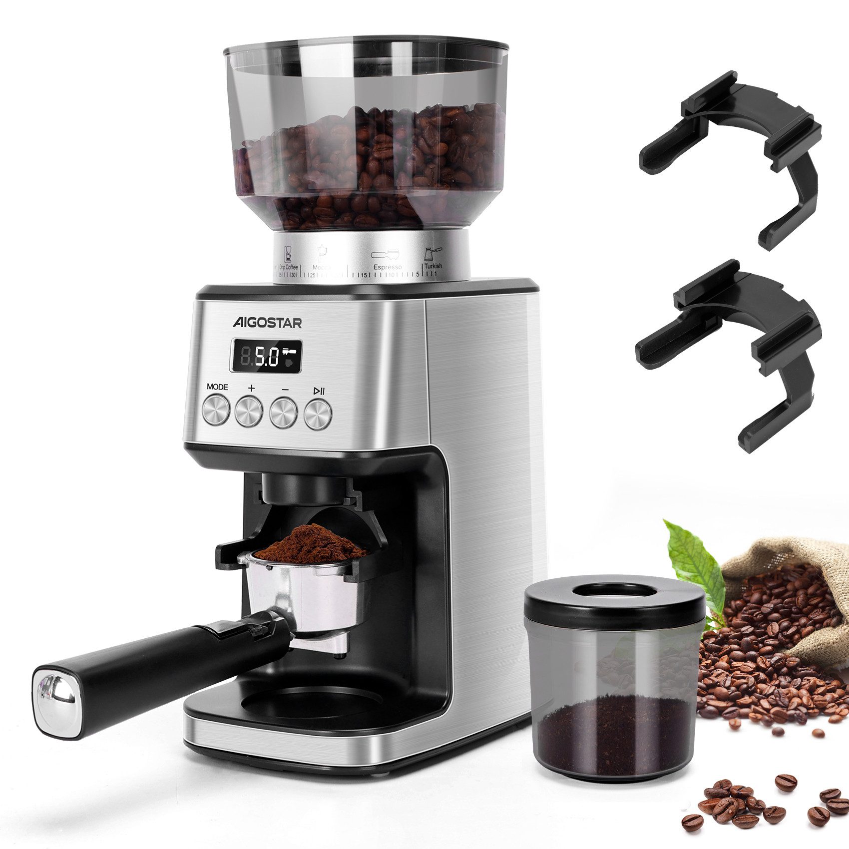Aigostar Kaffeemühle Kegelmahlwerk Geeignet für Espresso mit 52 Mahleinstellungen, 180,00 W, Kegelmahlwerk, 320,00 g Bohnenbehälter, Antistatisch und verstopfungsfrei, Einfach zu reinigen und zu warten