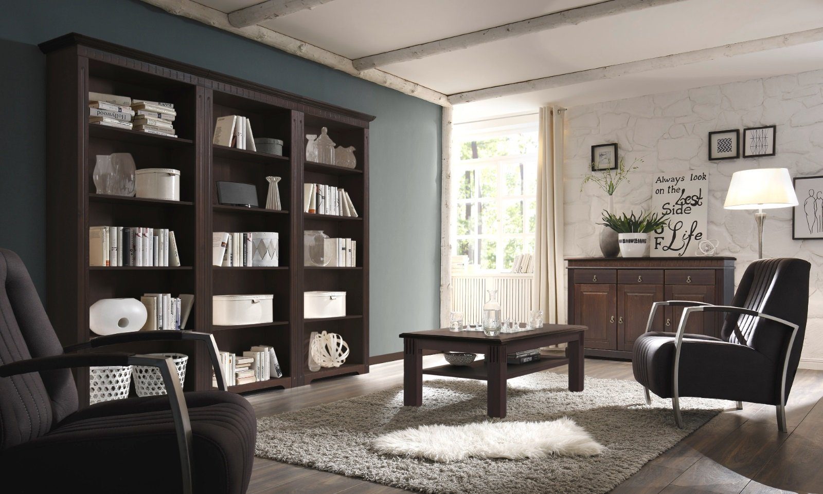 Empinio24 Bücherwand Cordoba, im Landhausstil, Kiefer massiv, Breite 243 cm