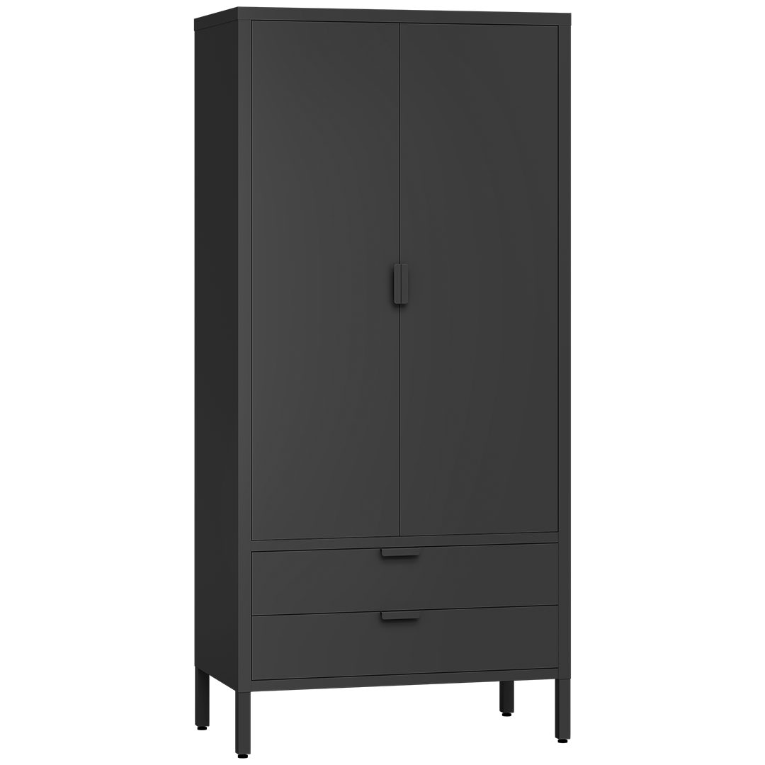 skølm Kleiderschrank Ituri aus Metall (Schwarz) Schrank mit 6 Fächern, 2 Schubladen & 2 Kleiderstangen, 170x80x45 cm