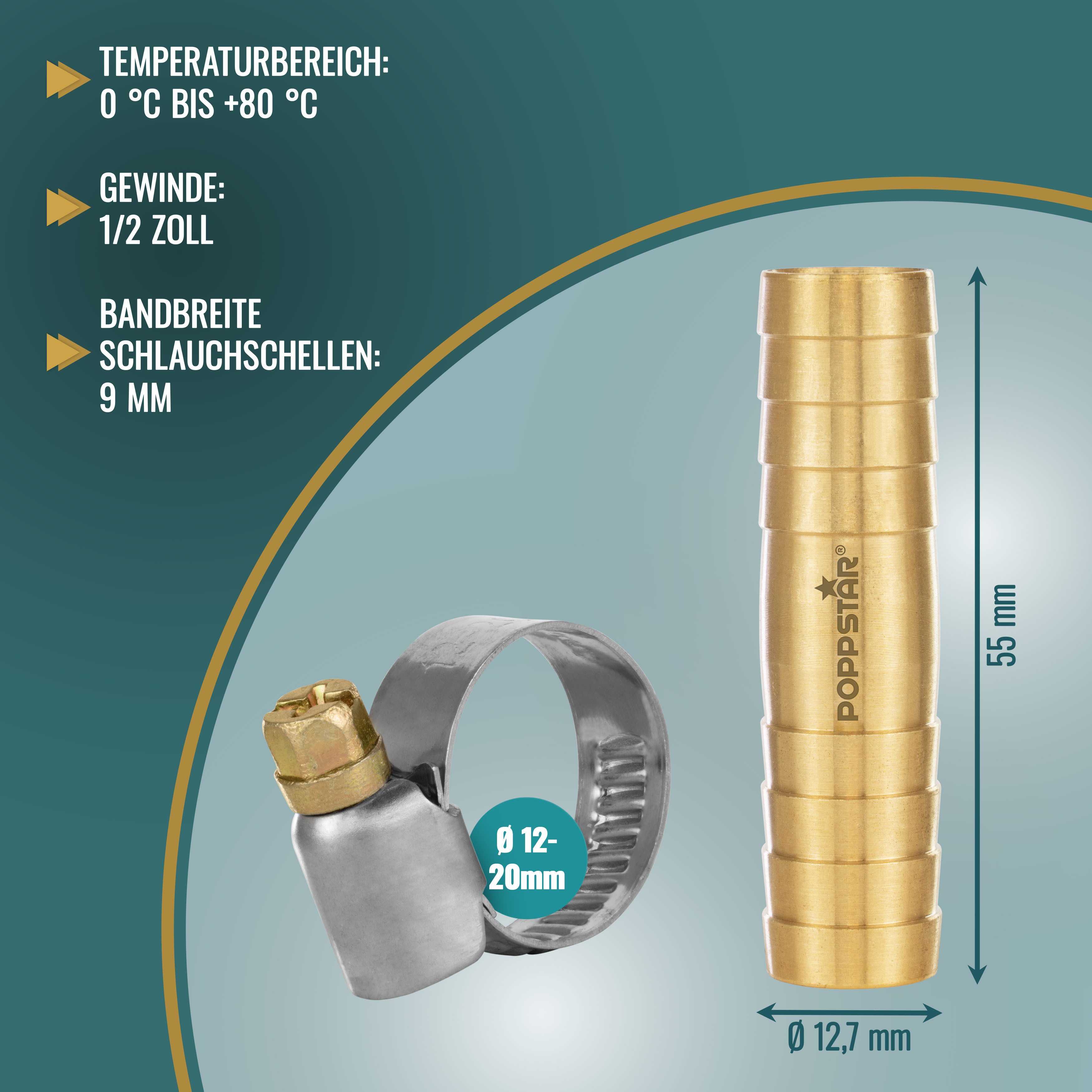 Thumbnail - Poppstar Schlauchtülle Messing Schlauchverbinder-Set mit 2 Stück Edelstahl-Schlauchschellen, (6-tlg), für Gartenschlauch...