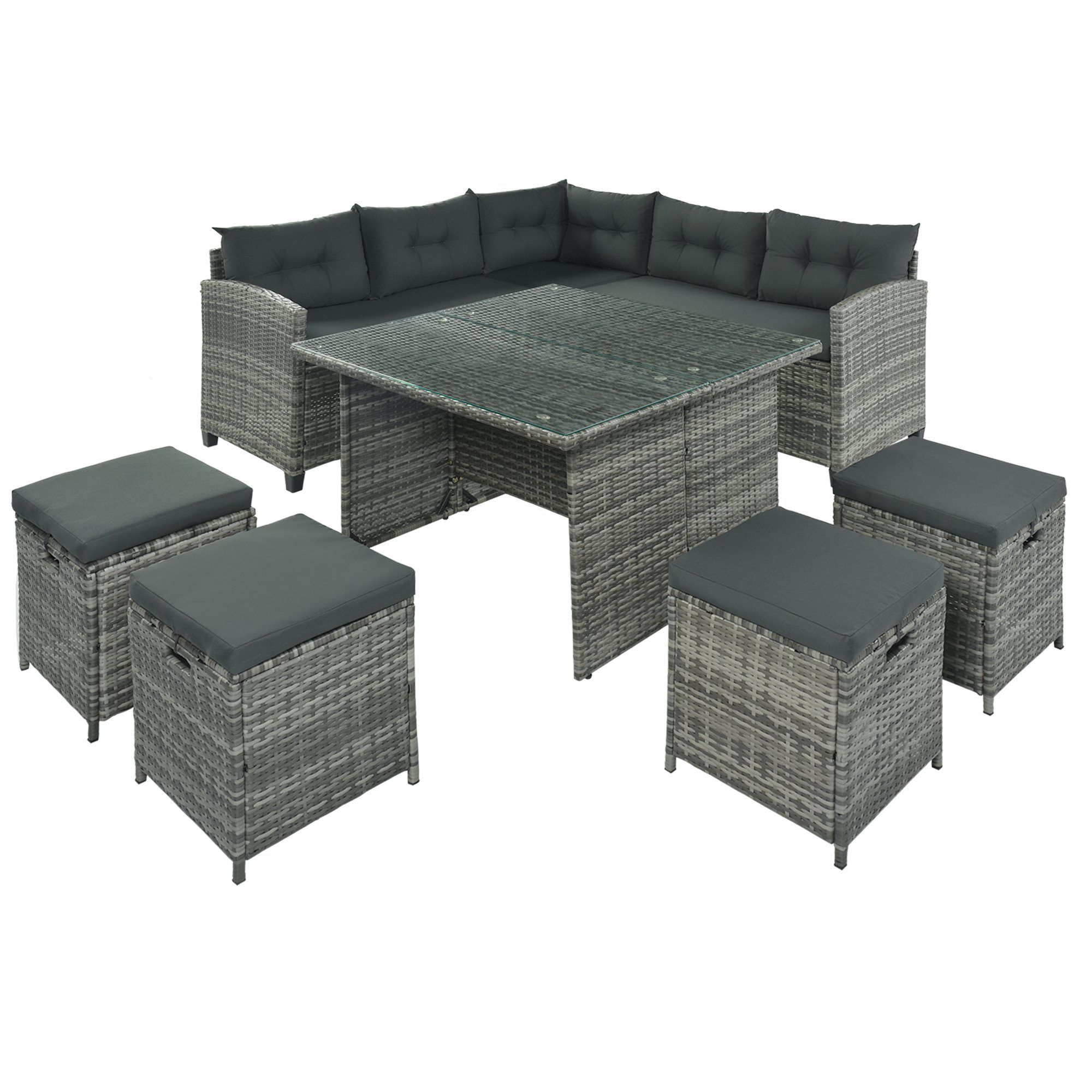 Gartenlounge-Set, (8-tlg), 2 Sofa, 4 Hocker, Tisch 100x100 cm, Polyrattan, mit Auflagen