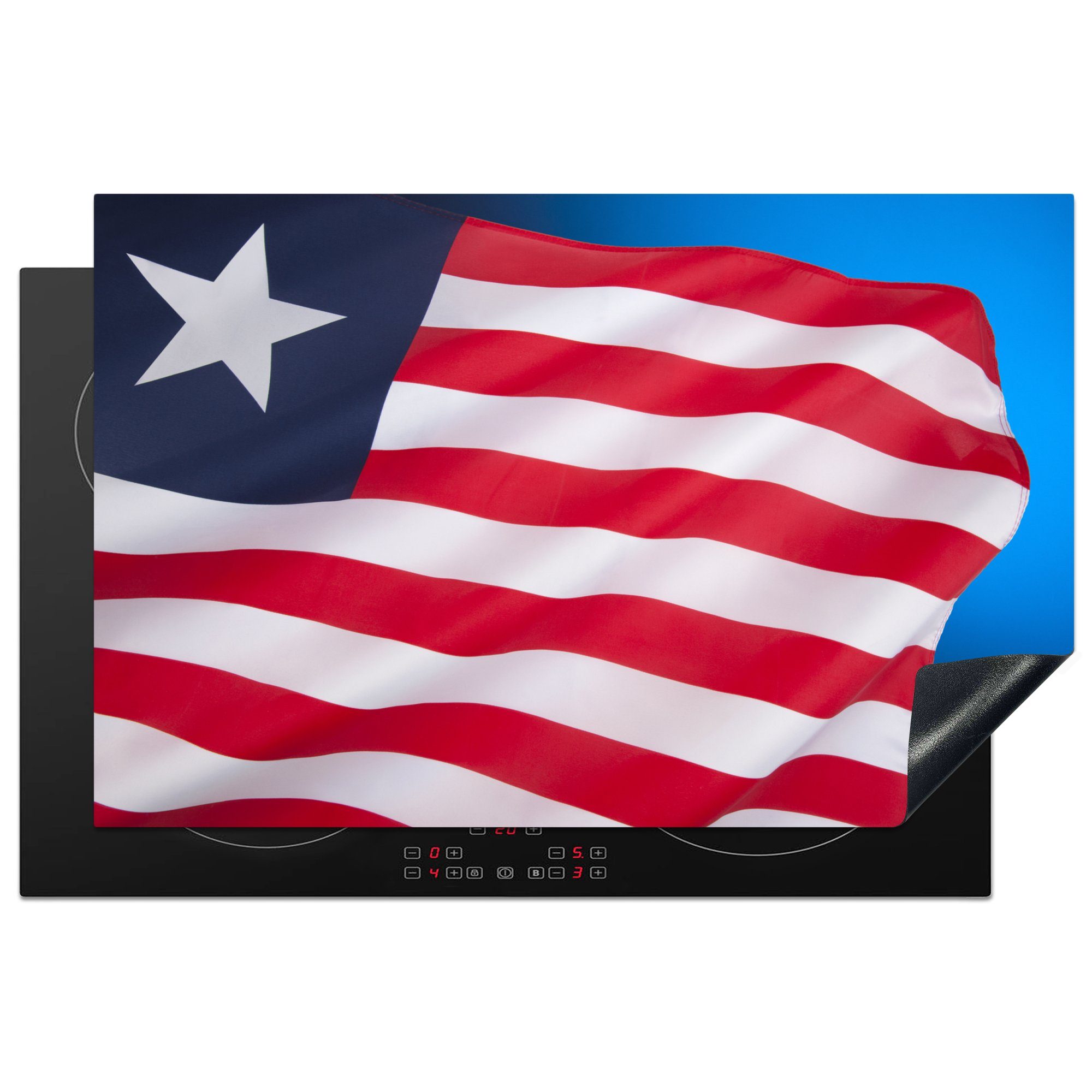 MuchoWow Herdblende-/Abdeckplatte Flagge von Liberia auf blauem und schwarzem Hintergrund, Vinyl, (1 tlg), 81x52 cm, Induktionskochfeld Schutz für die küche, Ceranfeldabdeckung