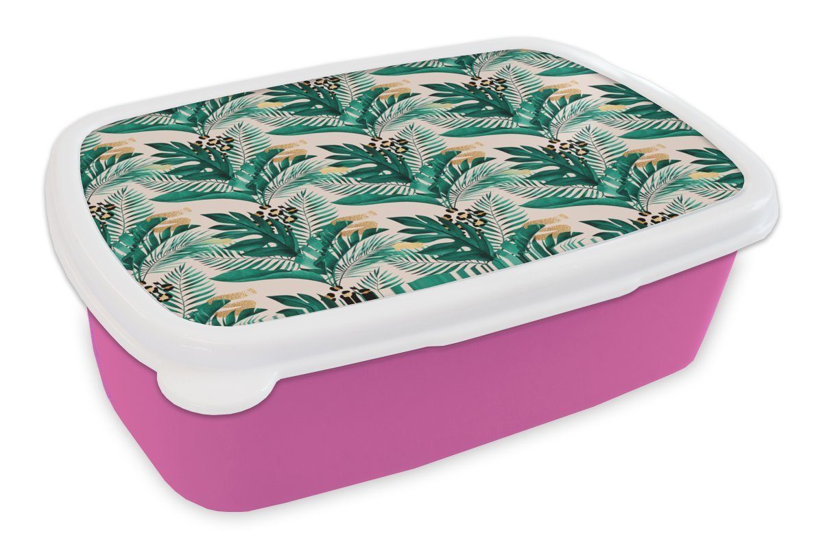 MuchoWow Lunchbox Palmenblatt - Pantherdruck Snackbox, für Kinder, - Erwachsene, Brotbox Kunststoff, Brotdose Gold, Kunststoff Mädchen, (2-tlg), rosa
