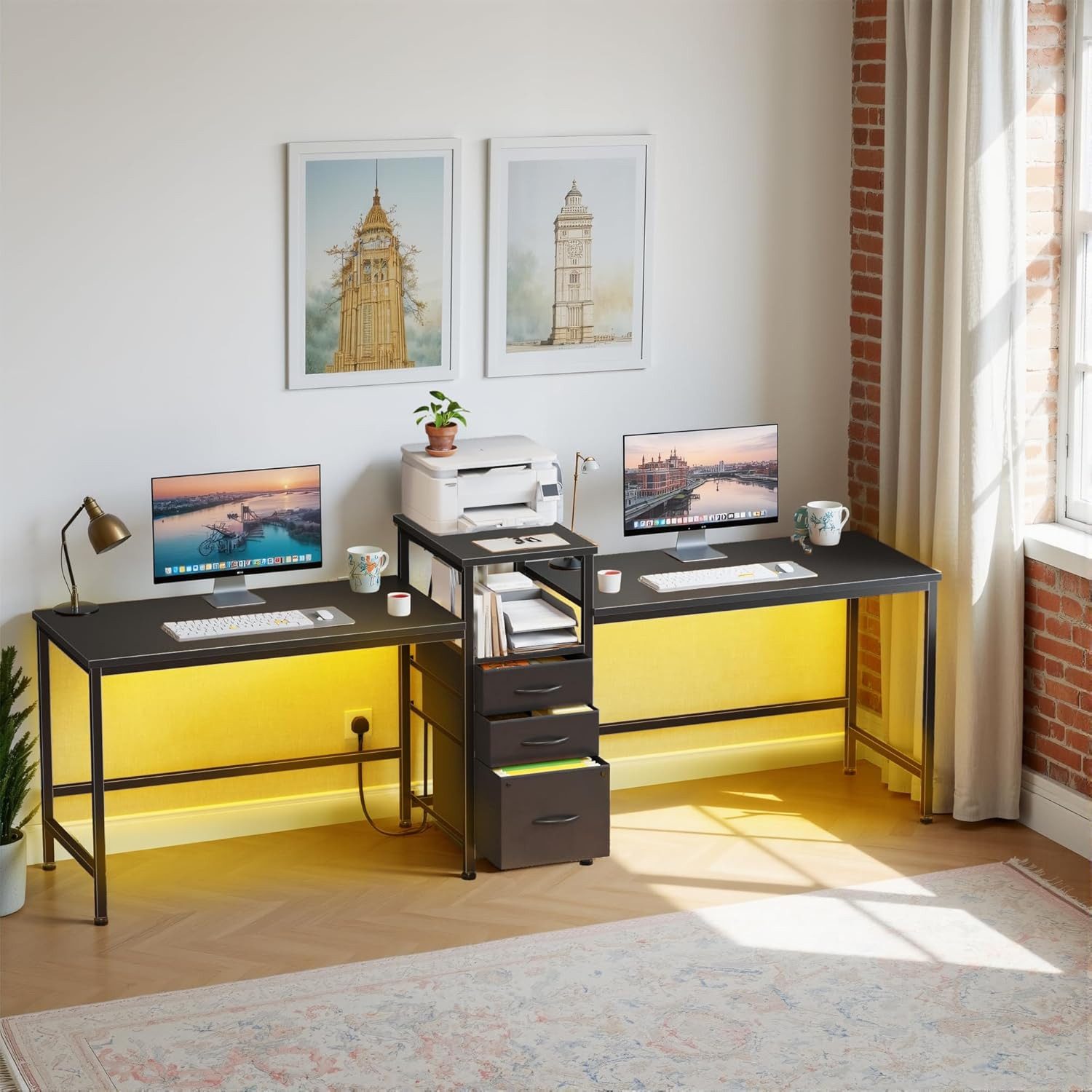 OYRREU Arbeitstisch 240cm extra lang, Doppel-Computertisch mit Schubladen & Ladestation (Doppelschreibtisch Set, 2 Arbeitsplätze, mit RGB-LED-Streifen, Schubladenschrank), RGB-LED-Beleuchtung, integrierte Ladestation, verstellbare Füße