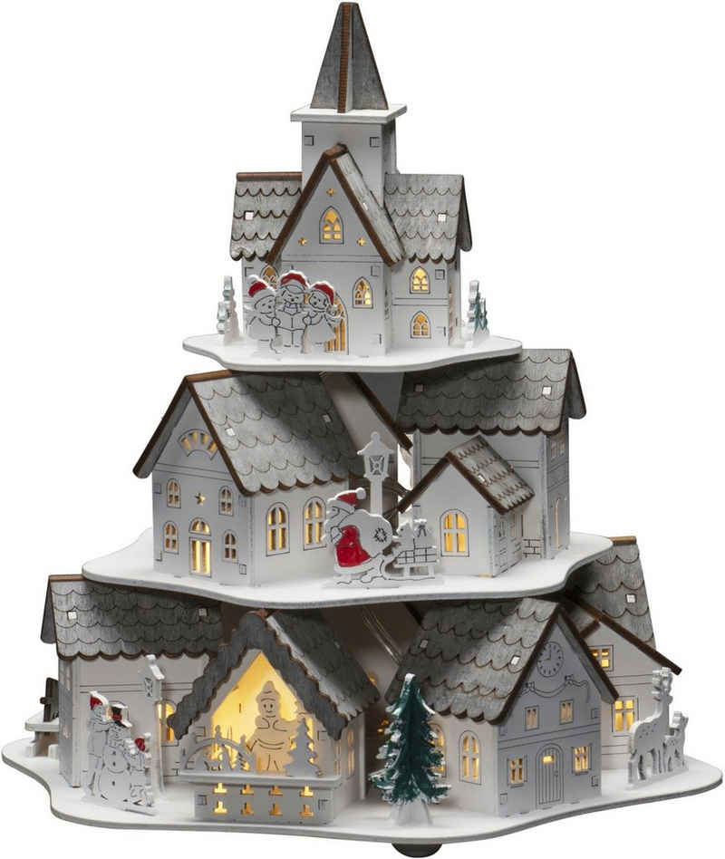 KONSTSMIDE Weihnachtshaus LED Holzsilhouette Häuser, weiß, 10 warm weiße Dioden, wählbare Energieversorgung zwischen USB oder Batteriebetrieb, 6h Timer