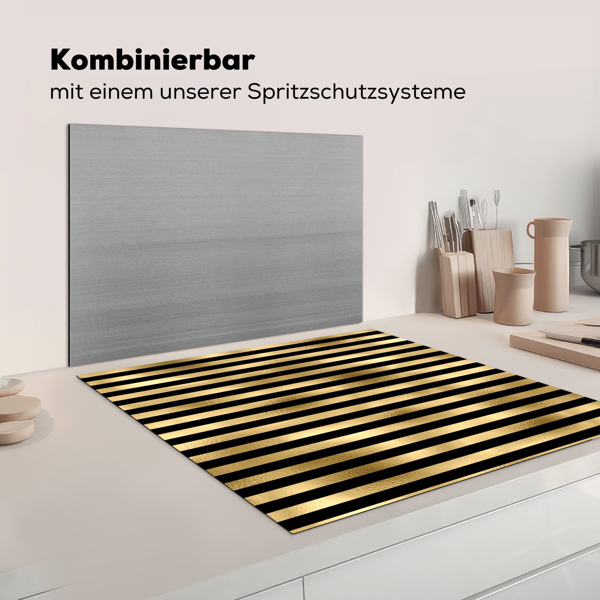 Herdblende-/Abdeckplatte küche (1 Gold, für cm, Arbeitsplatte Vinyl, Ceranfeldabdeckung, - tlg), 78x78 Schwarz Muster - MuchoWow