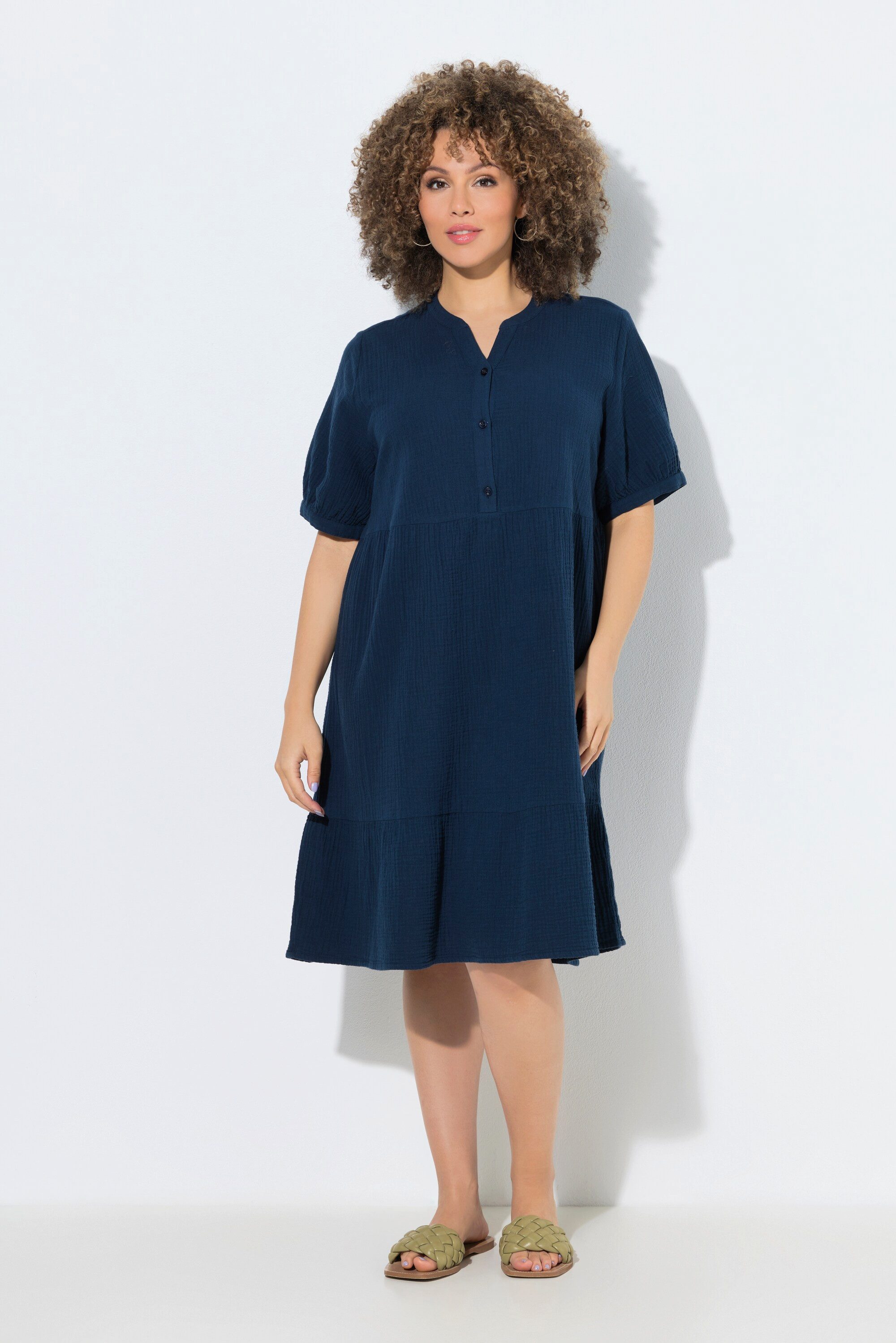Ulla Popken Hemdblusenkleid Musselin-Kleid A-Linie Tunika-Ausschnitt Halbarm