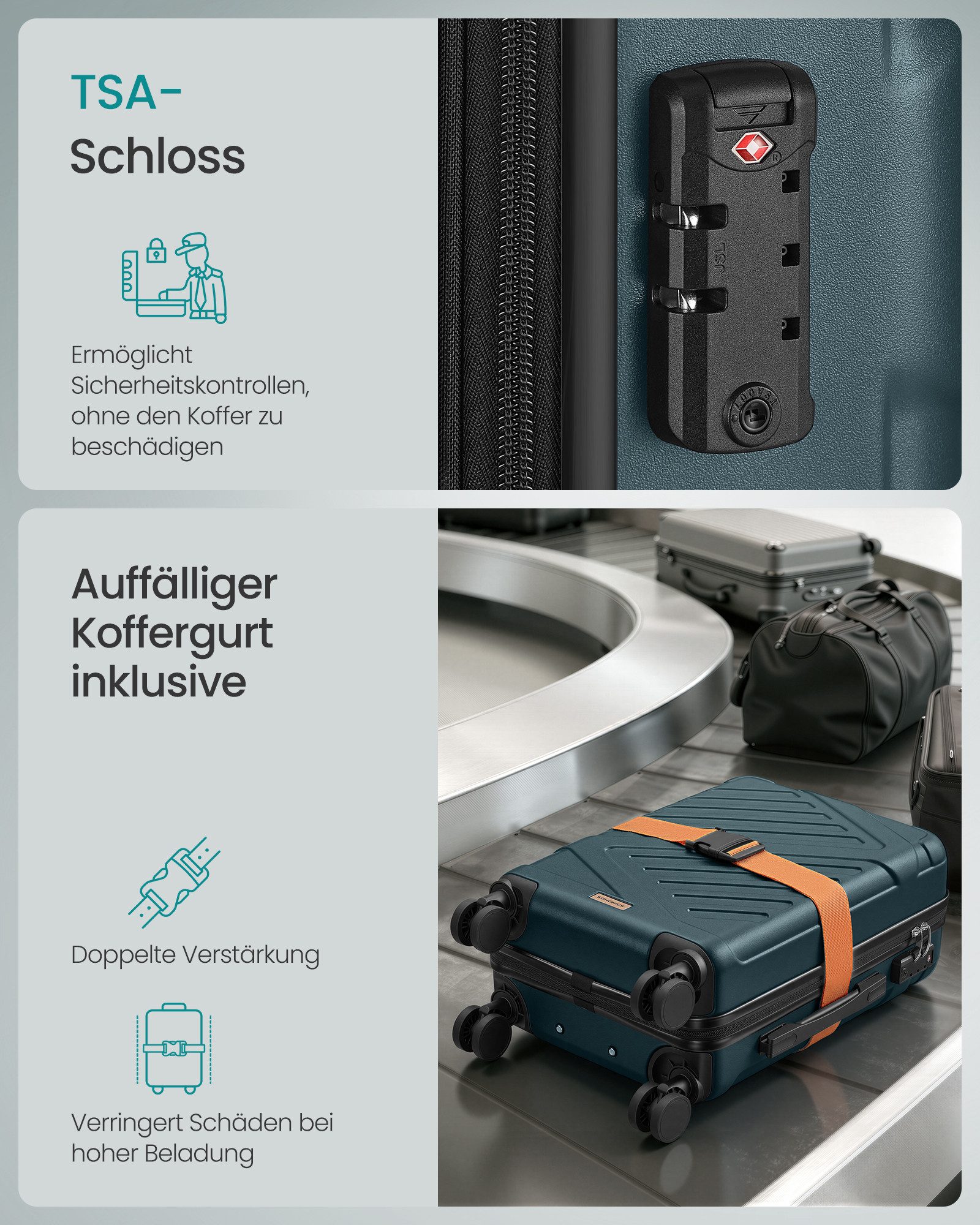 SONGMICS Hartschalen-Trolley Hartschalenkoffer, Handgepäck mit TSA-Schloss Koffergurt & Nassfach, Reisekoffer, 4 leise 360° Zwillingsrollen, ABS Trolley 36L – Bild 4 von 5