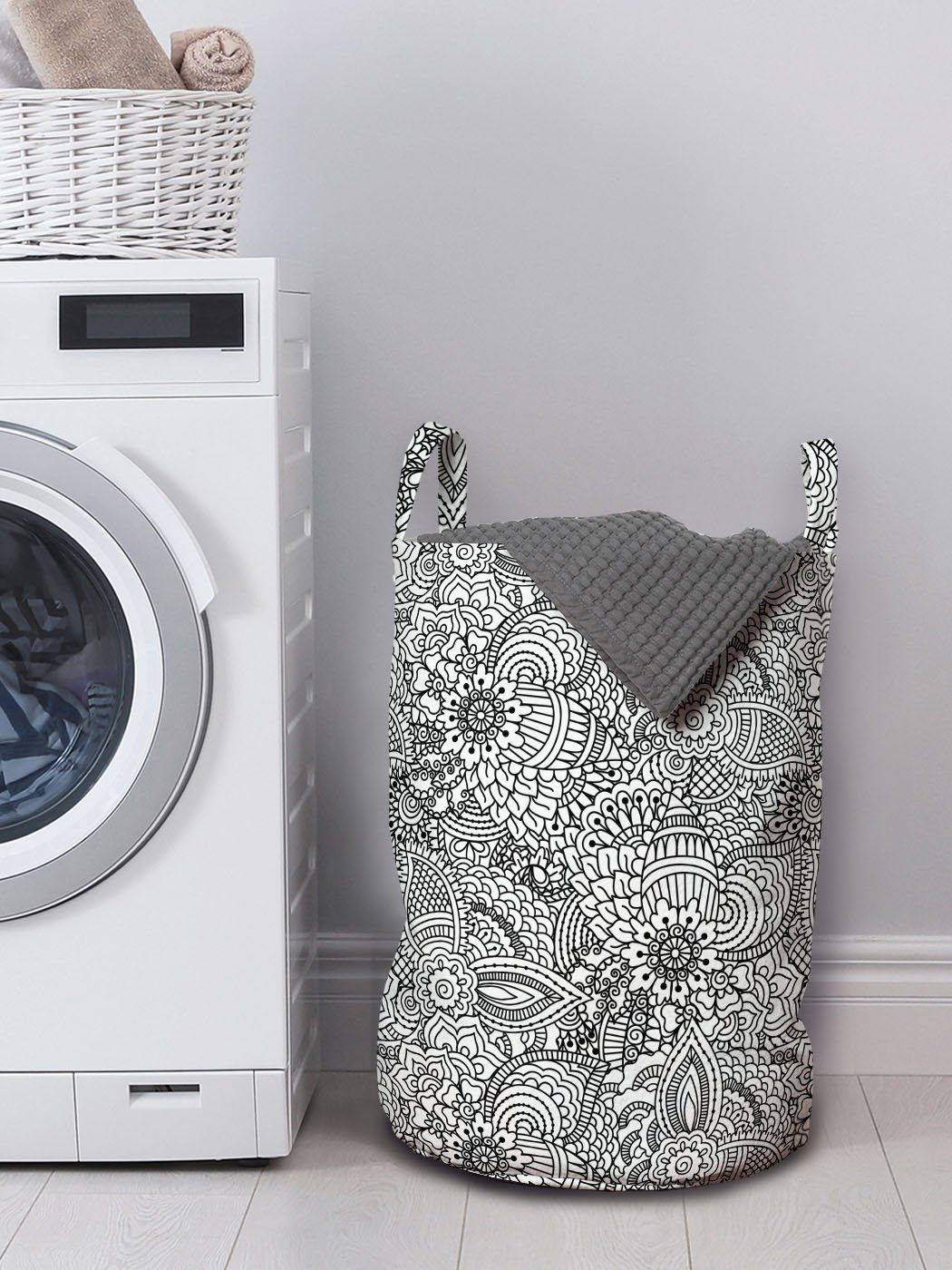 Wäschesäckchen Wäschekorb für Kordelzugverschluss mit Henna Griffen Muster Waschsalons, Monochorme Abakuhaus