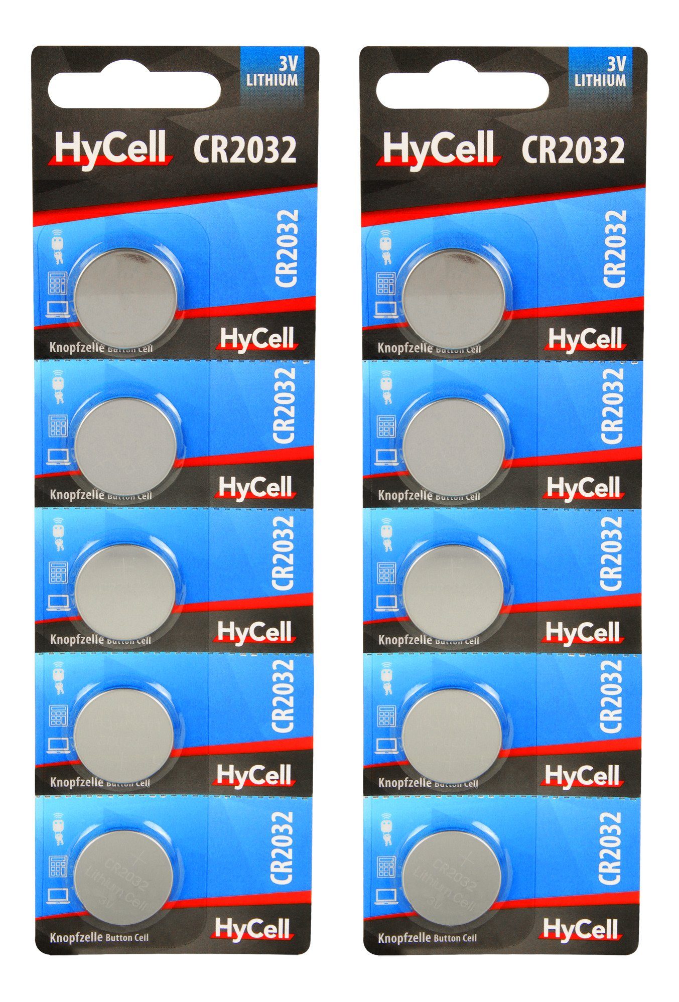 10er CR2032 - Knopfzellen Knopfzelle 3V Lithium 10 - Knopfbatterien HyCell Stück Pack