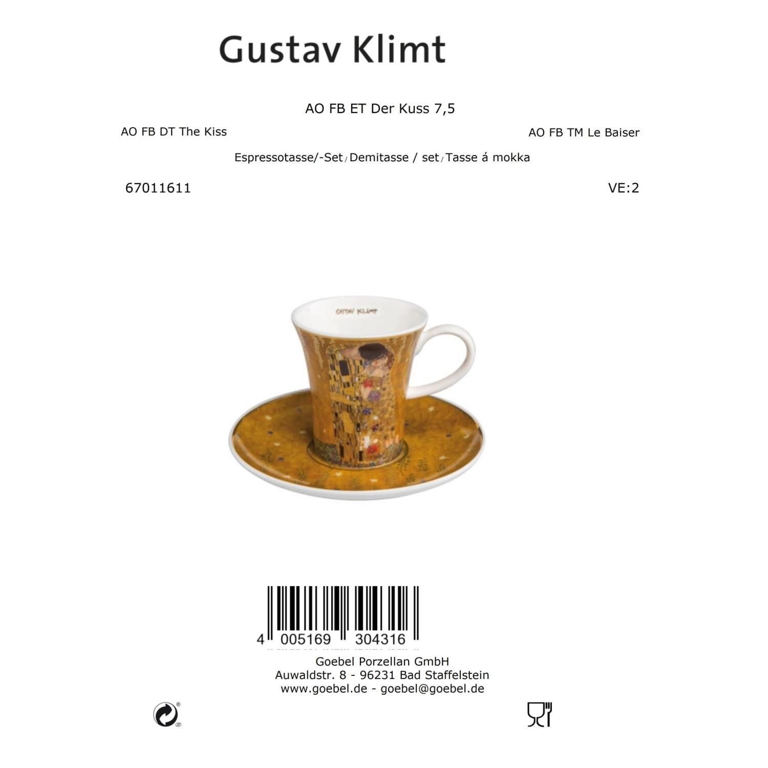 Goebel Espressotasse Gustav Klimt, Porzellan, Spülmaschinengeeignet, Gold, Der Kuss, H: 8cm