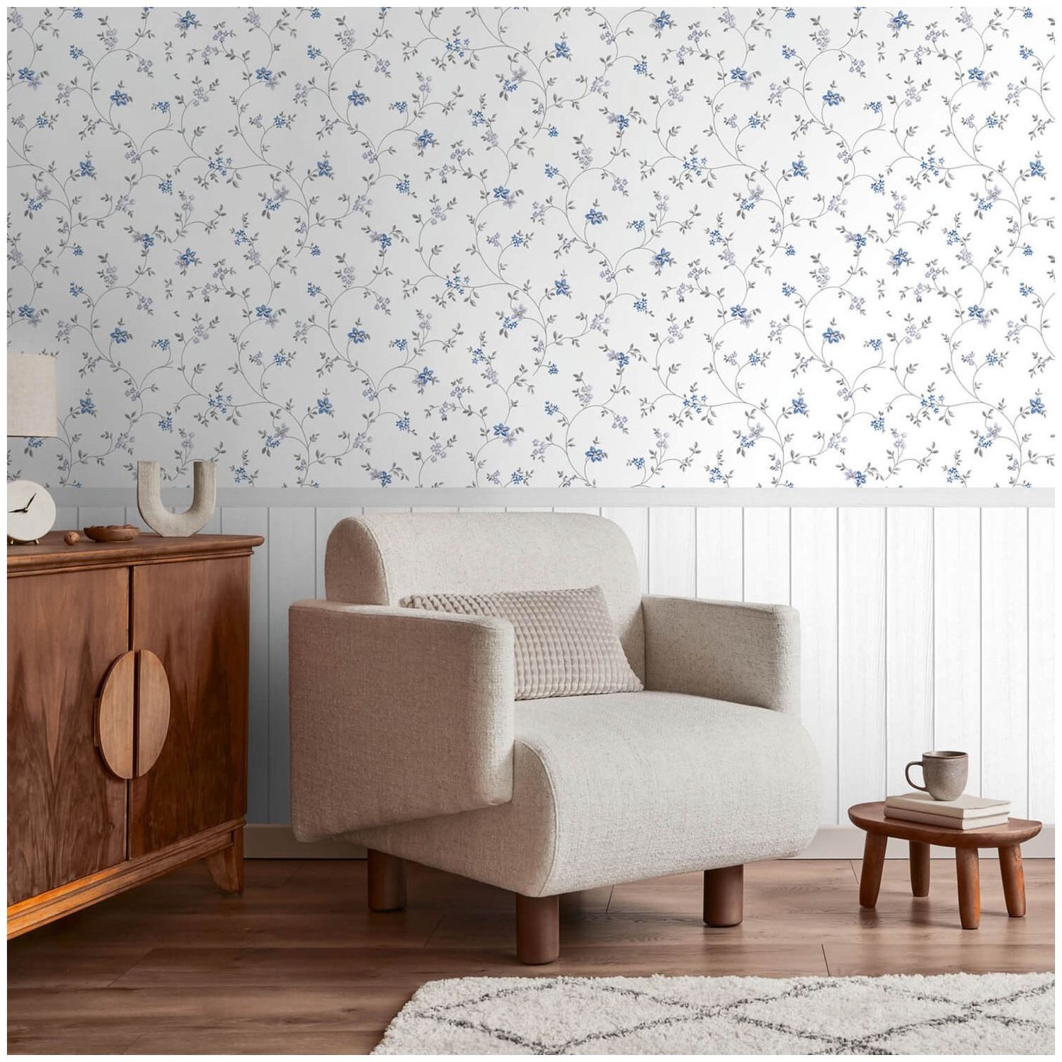 Profhome Fototapete 398052-GU Vliestapete Blumen matt creme creme-weiß grün, geprägt, (1 Rolle, 4,45 qm), heißgeprägte Vliestapete, blau