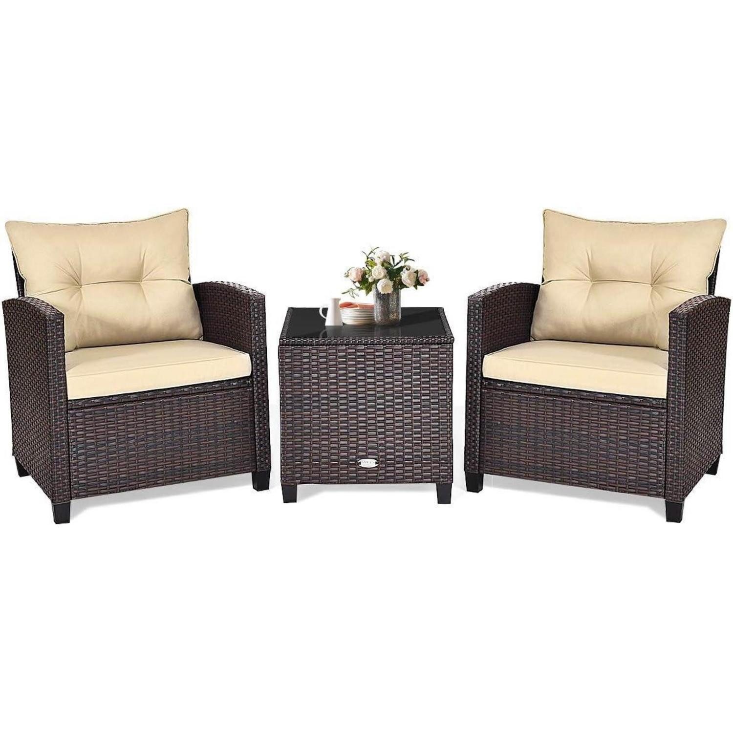 GOPLUS Balkonset 3tlg. Balkonmöbel Set Polyrattan Gartenmöbel Terrassenmöbel Tisch 2