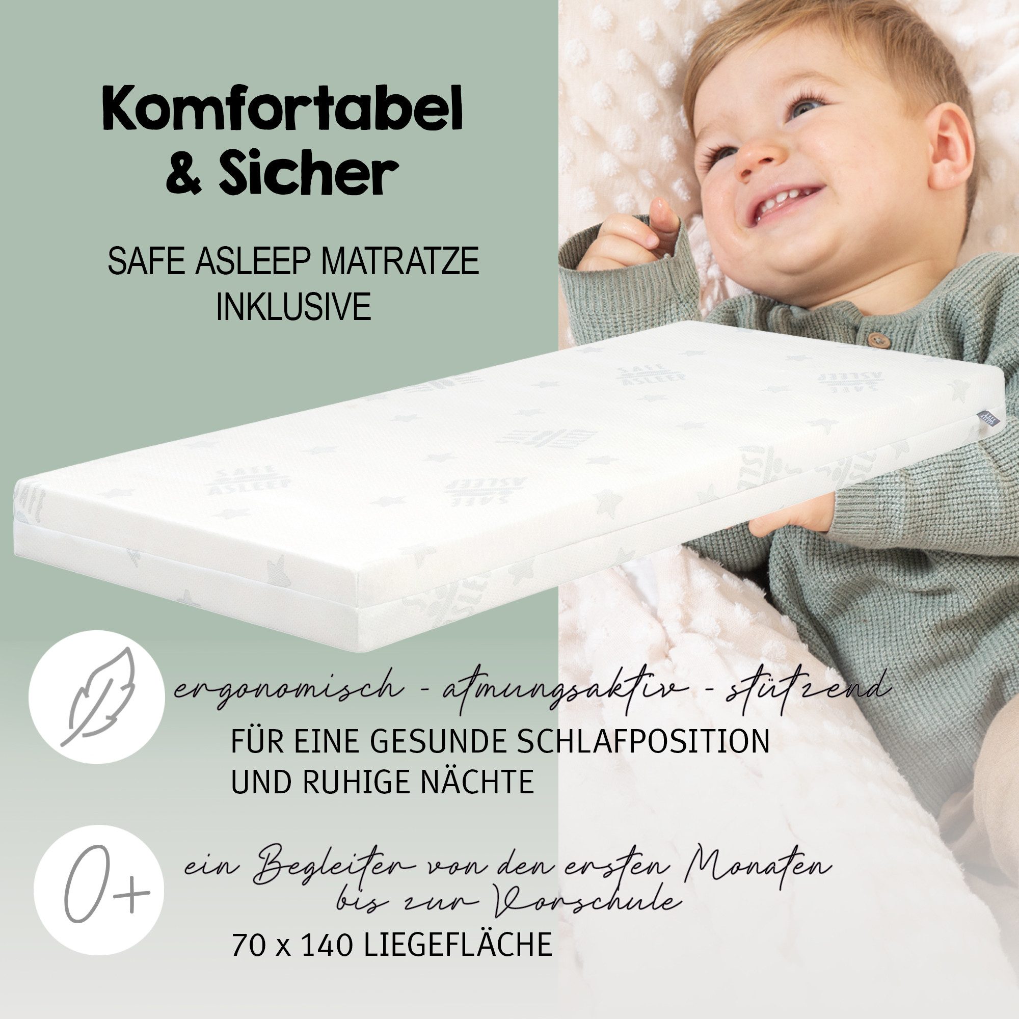 roba® Babybett Fox & Bunny 70 x 140 cm - Komplett Set Gitterbett Holz Weiß, mit Bettwäsche, Himmel, Nest, Matratze - Umbaubar Juniorbett