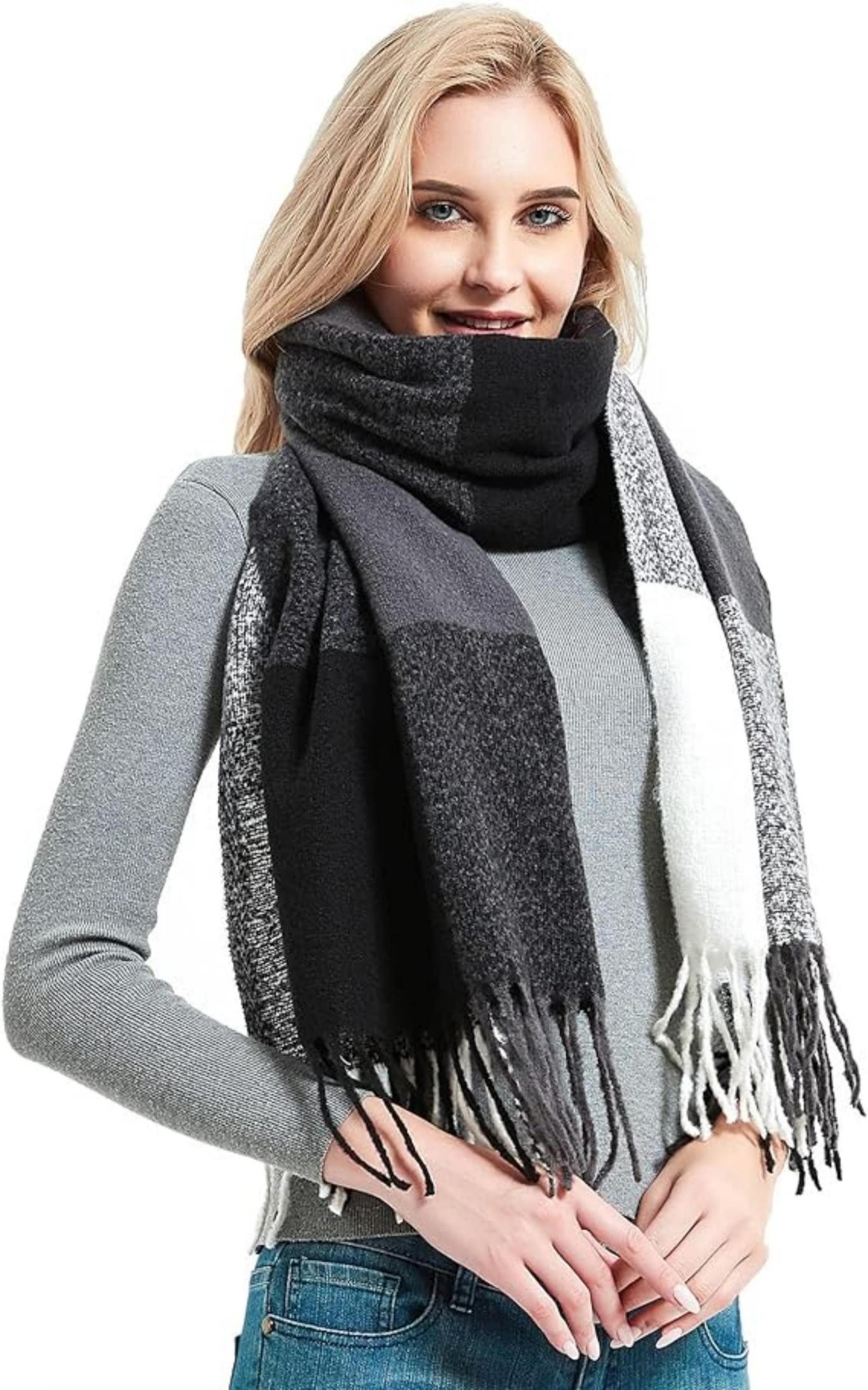 Bextsrack Modeschal Karierter Damen Schal mit Fransen, im Oversize Look,für Herbst Winter