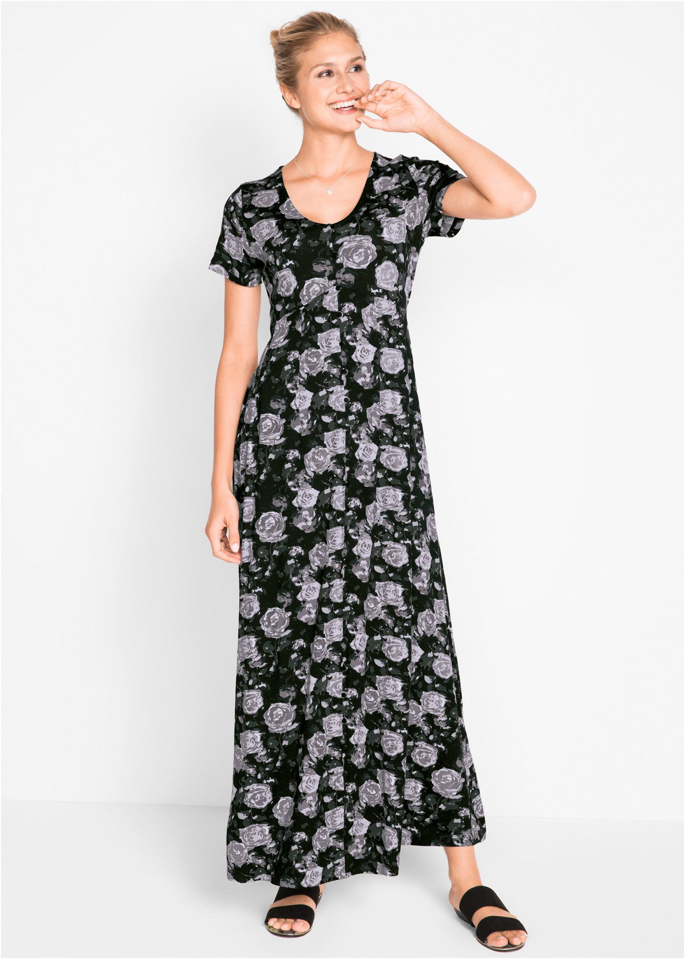 bonprix Maxikleid für Festivals, aus Viskose, lockerer Schnitt, mit kurzem Arm