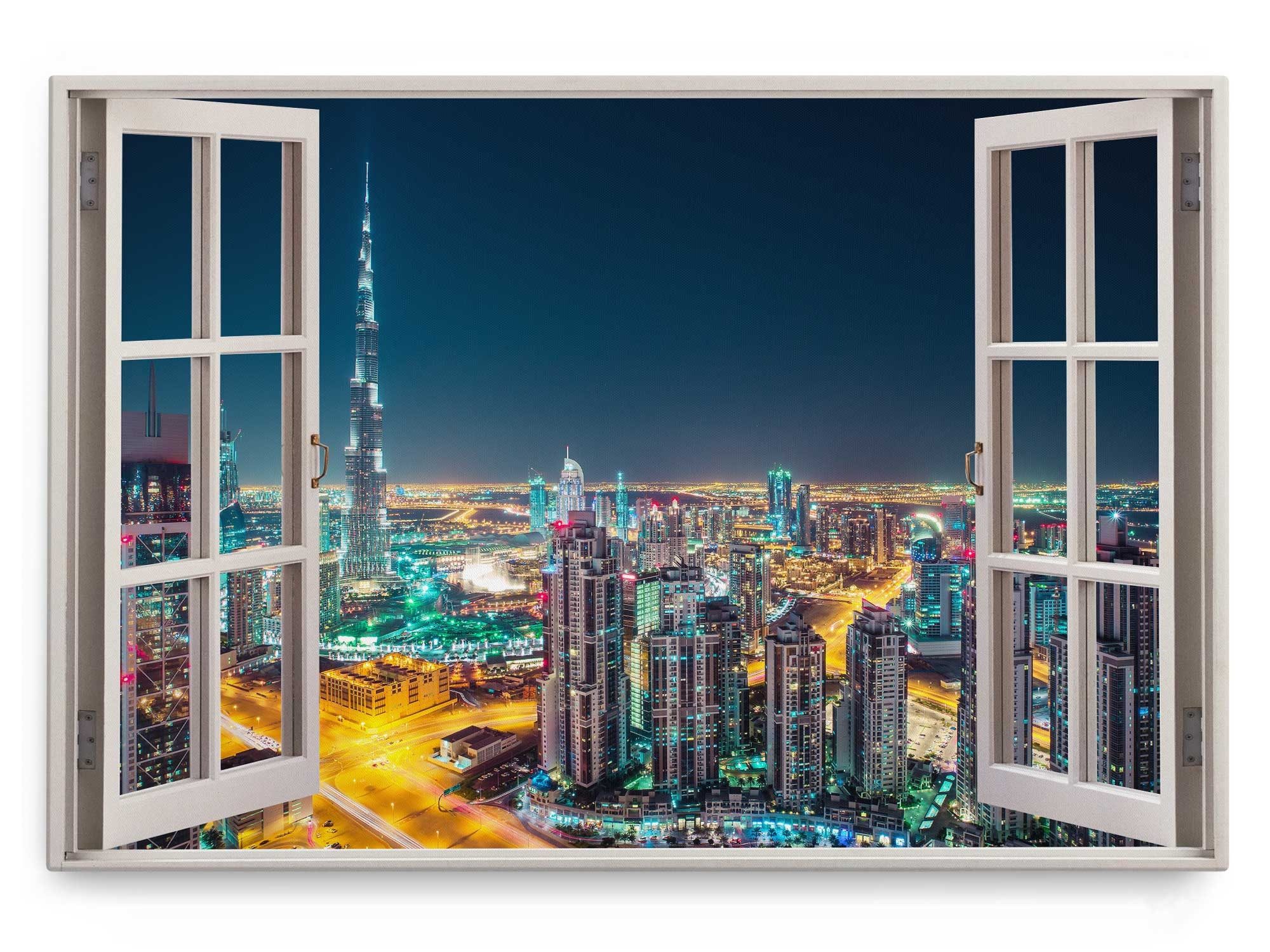 Sinus Art Leinwandbild Wandbild 120x80cm Fensterbild Dubai bei Nacht Stadtlichter Hochhäuser, (1 St)